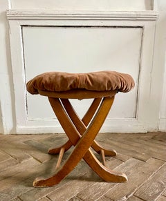 Pouf, Footrest, Ottoman Folding in Brown Velvet and Wood, Vintage 1970s