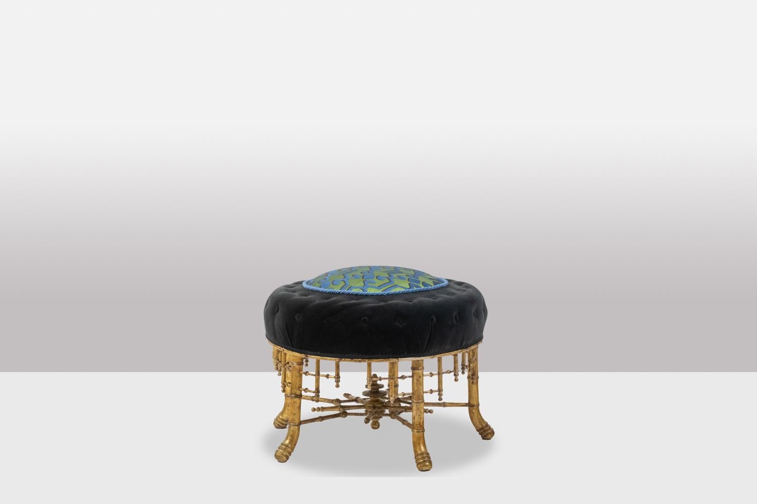 19th Century Pouf in gilded wood in imitation of bamboo. Circa 1880. For Sale
