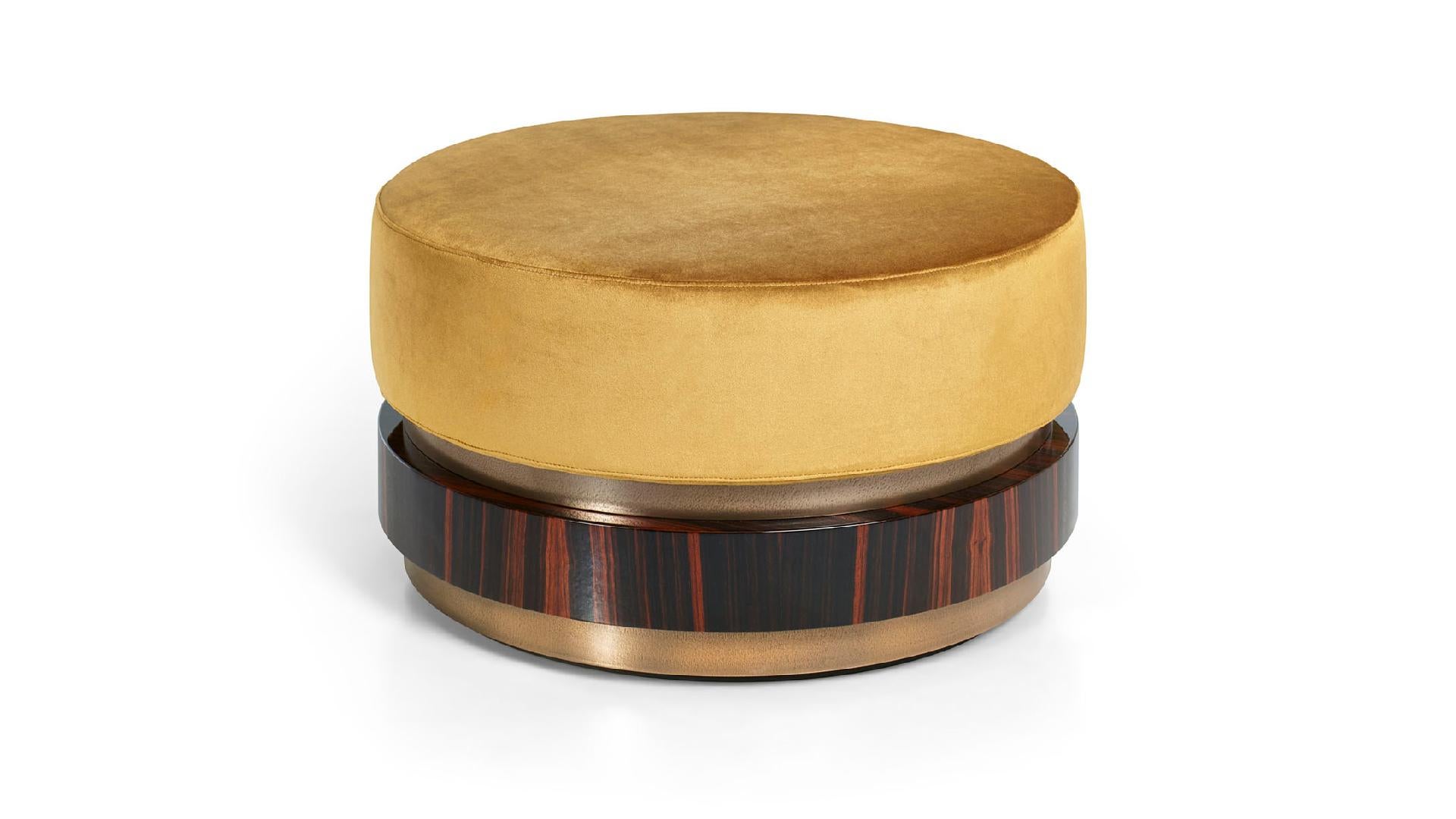 Other Pouf in Polished Ebony Finish Top in Fabric and Decorative Liquid Metal Edges For Sale