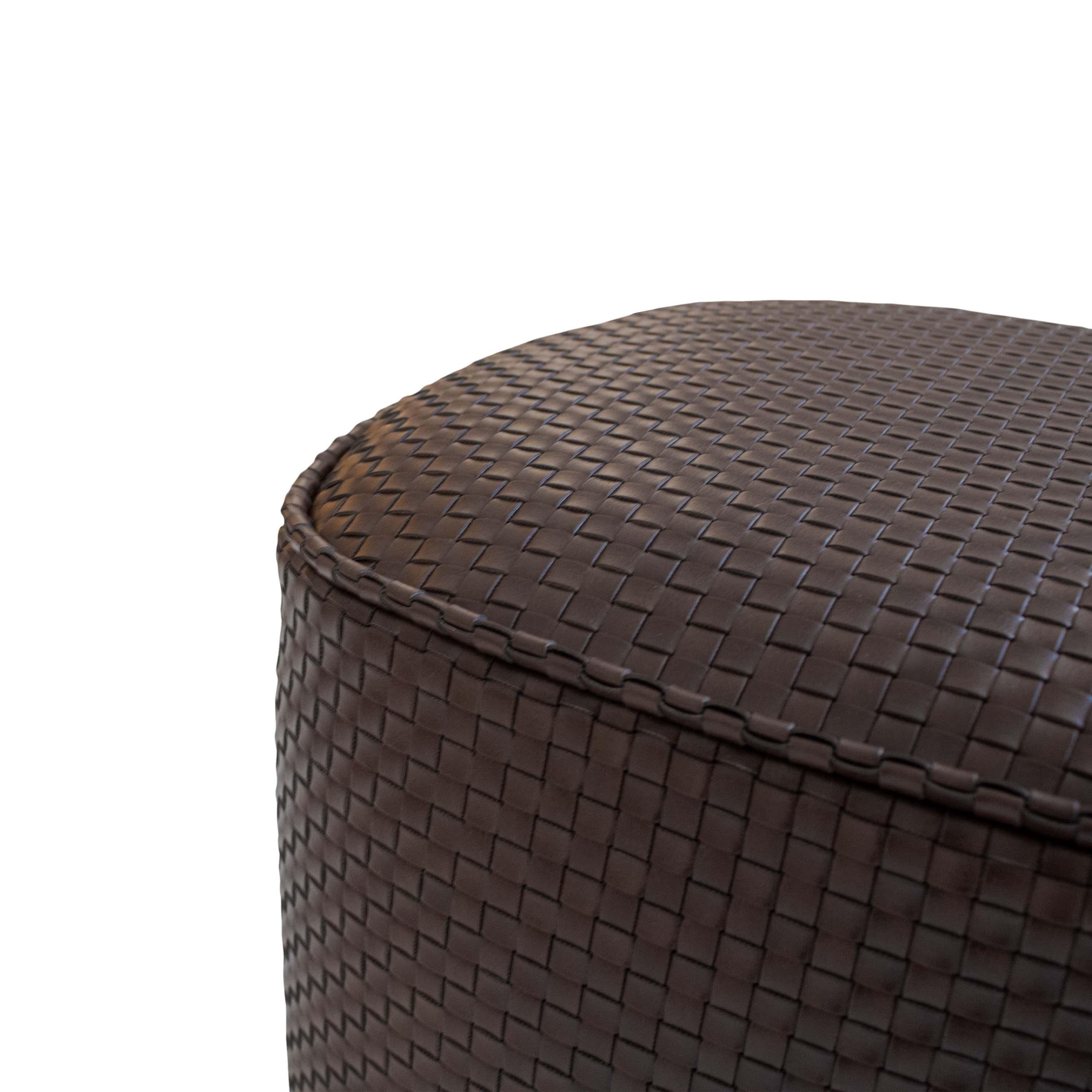 Spanish Pouf in Woven Brown Eco Leather Fabric, Spain, 2025 For Sale