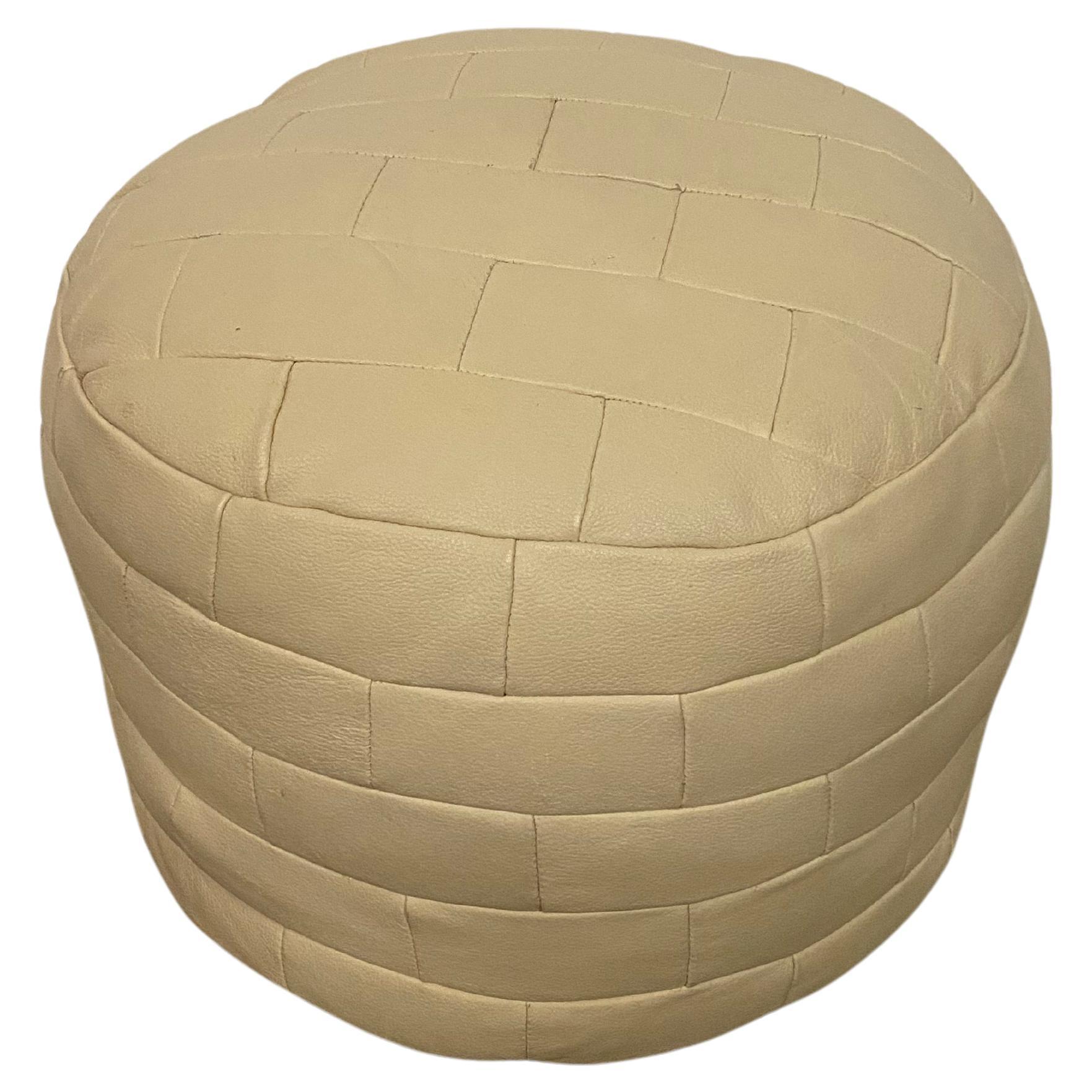 Pouf or Ottoman Leather Patchwork by De Sede in Beige or Off-White, 1970s