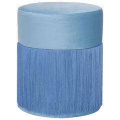 Pouf Pill Blue in Velvet Upholstery with Fringes