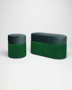 Pouf Pill Emerald Green in Velvet Upholstery with Fringes