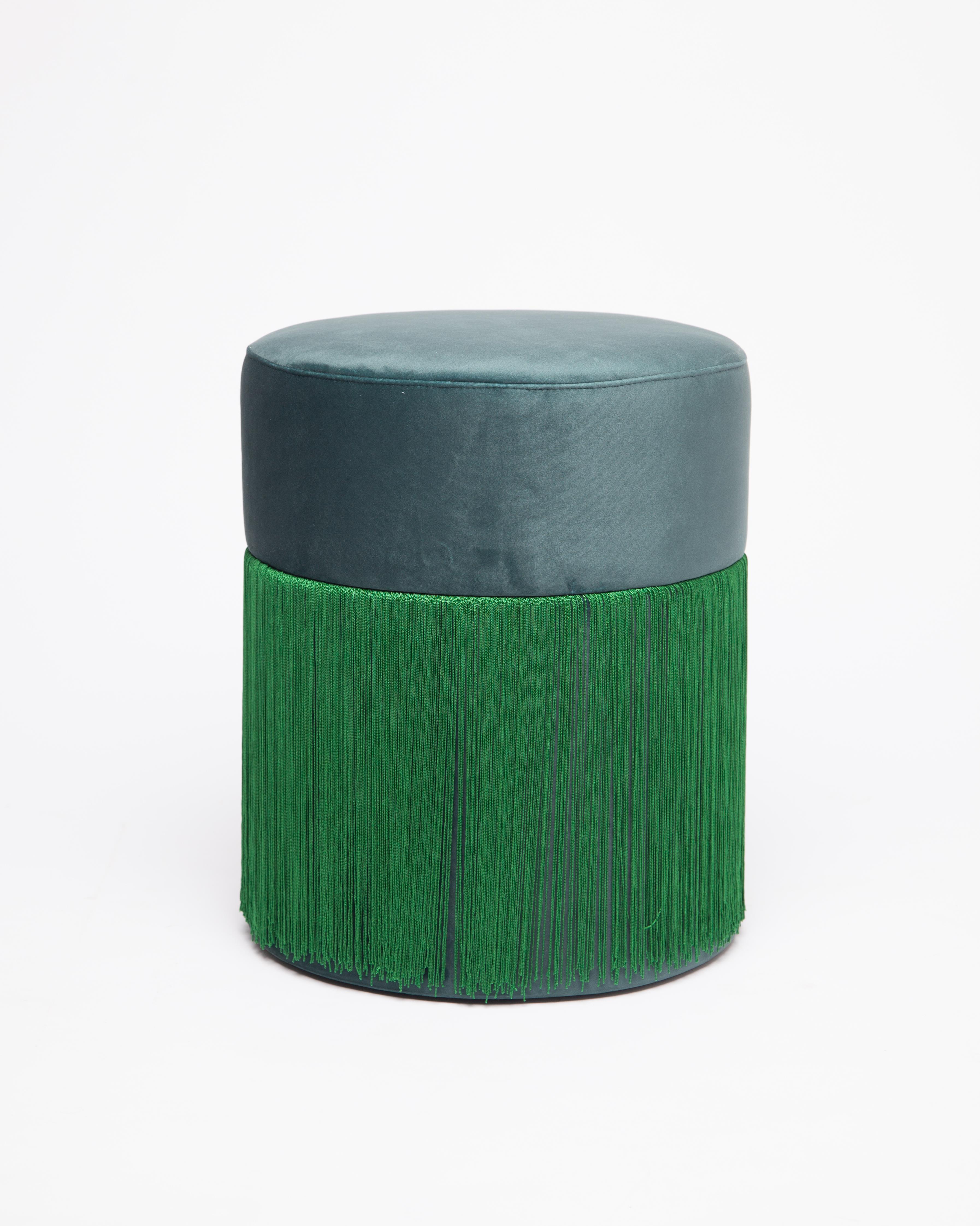 Other Pouf Pill Emerald Green in Velvet Upholstery with Fringes For Sale