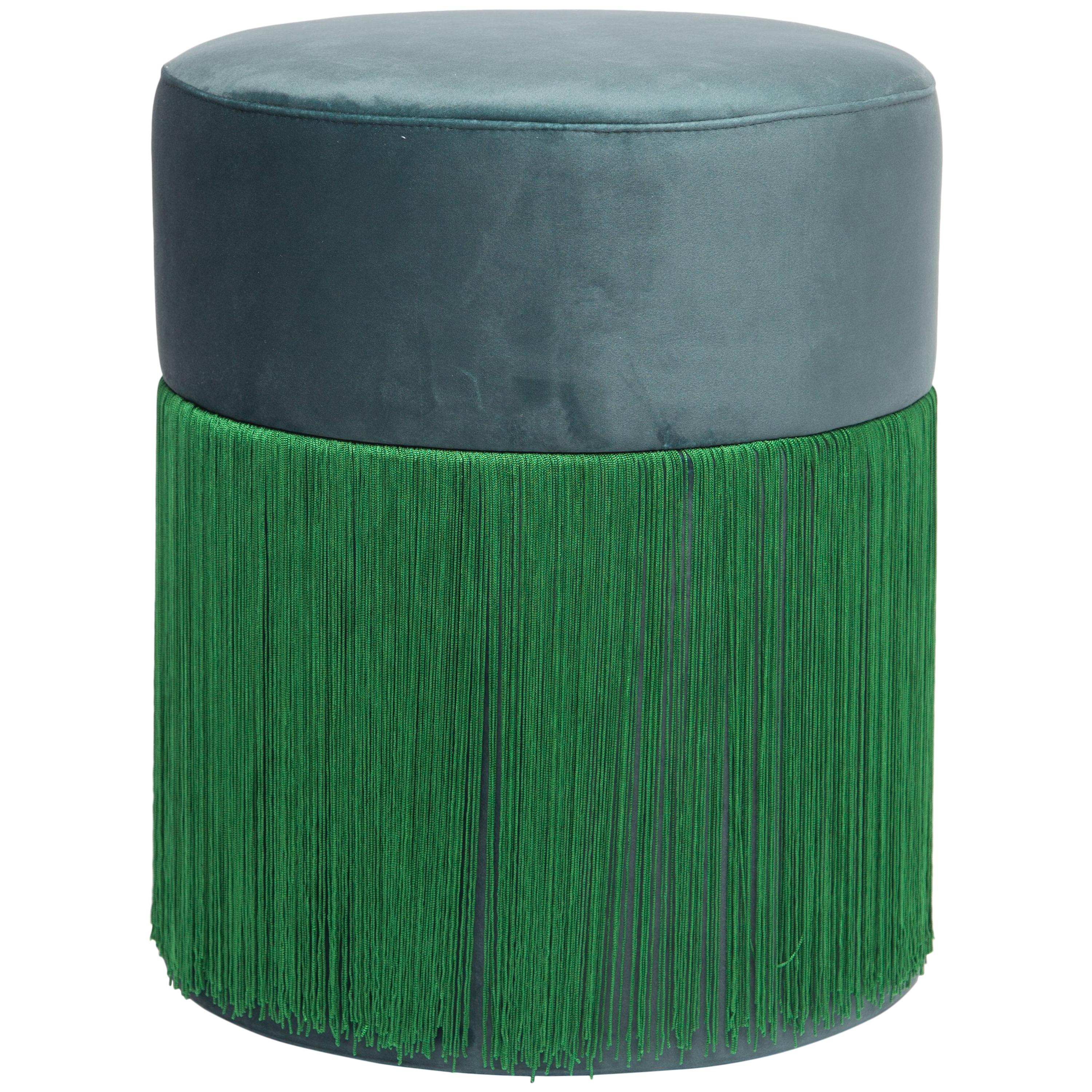 Pouf Pill Emerald Green in Velvet Upholstery with Fringes For Sale