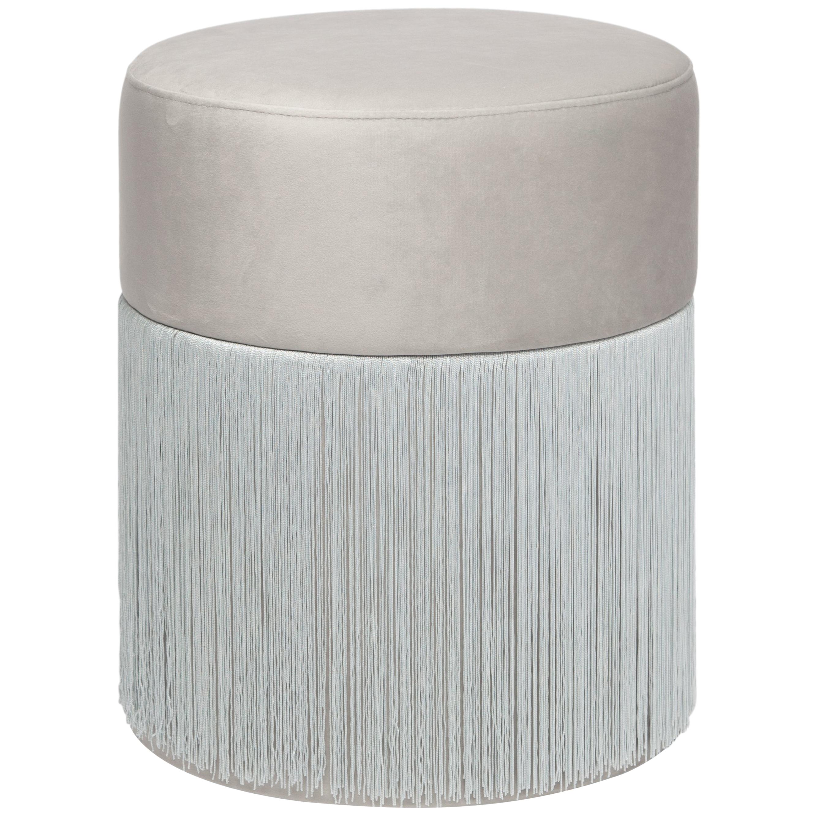 Pouf Pill Grey Silver in Velvet Upholstery with Fringes For Sale