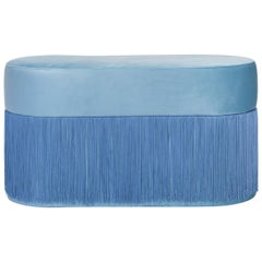 Pouf Pill Large Blue in Velvet Upholstery with Fringes