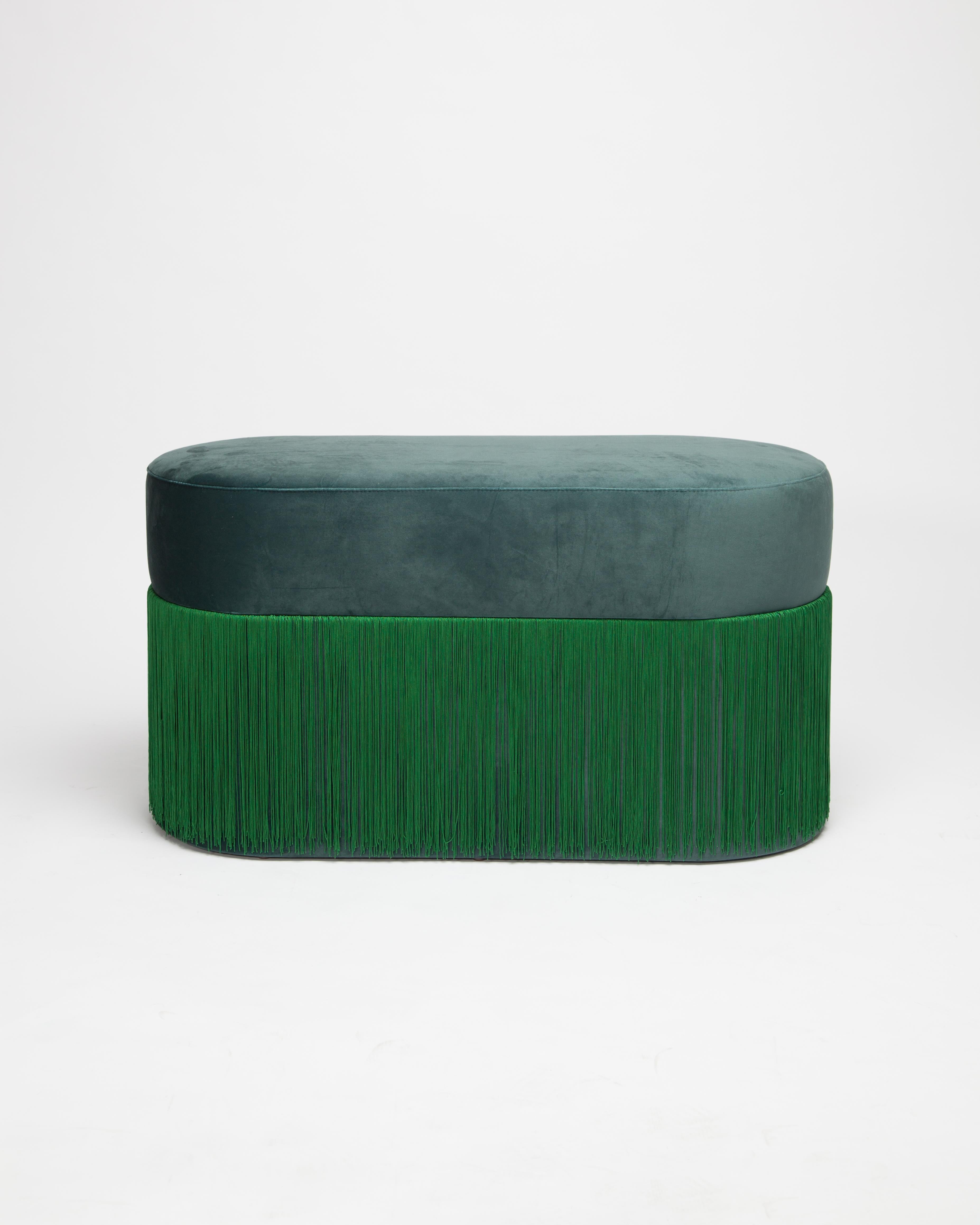 Other Pouf Pill Large Emerald Green in Velvet Upholstery with Fringes For Sale