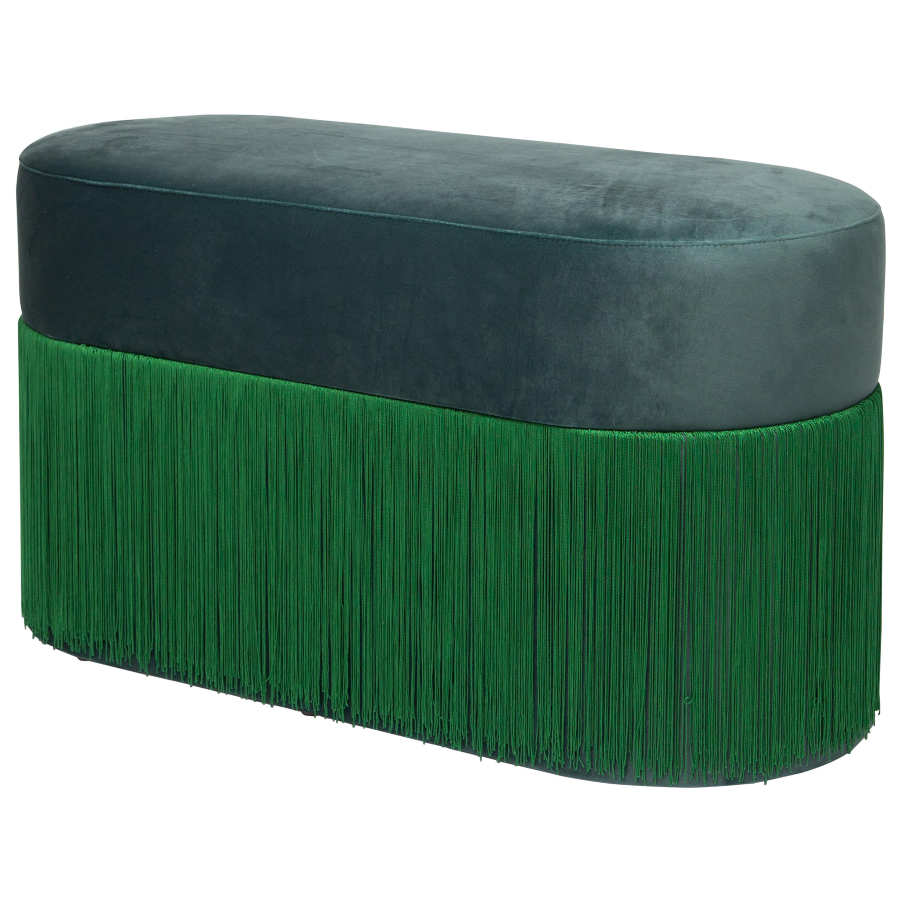 Pouf Pill Large Emerald Green in Velvet Upholstery with Fringes For Sale