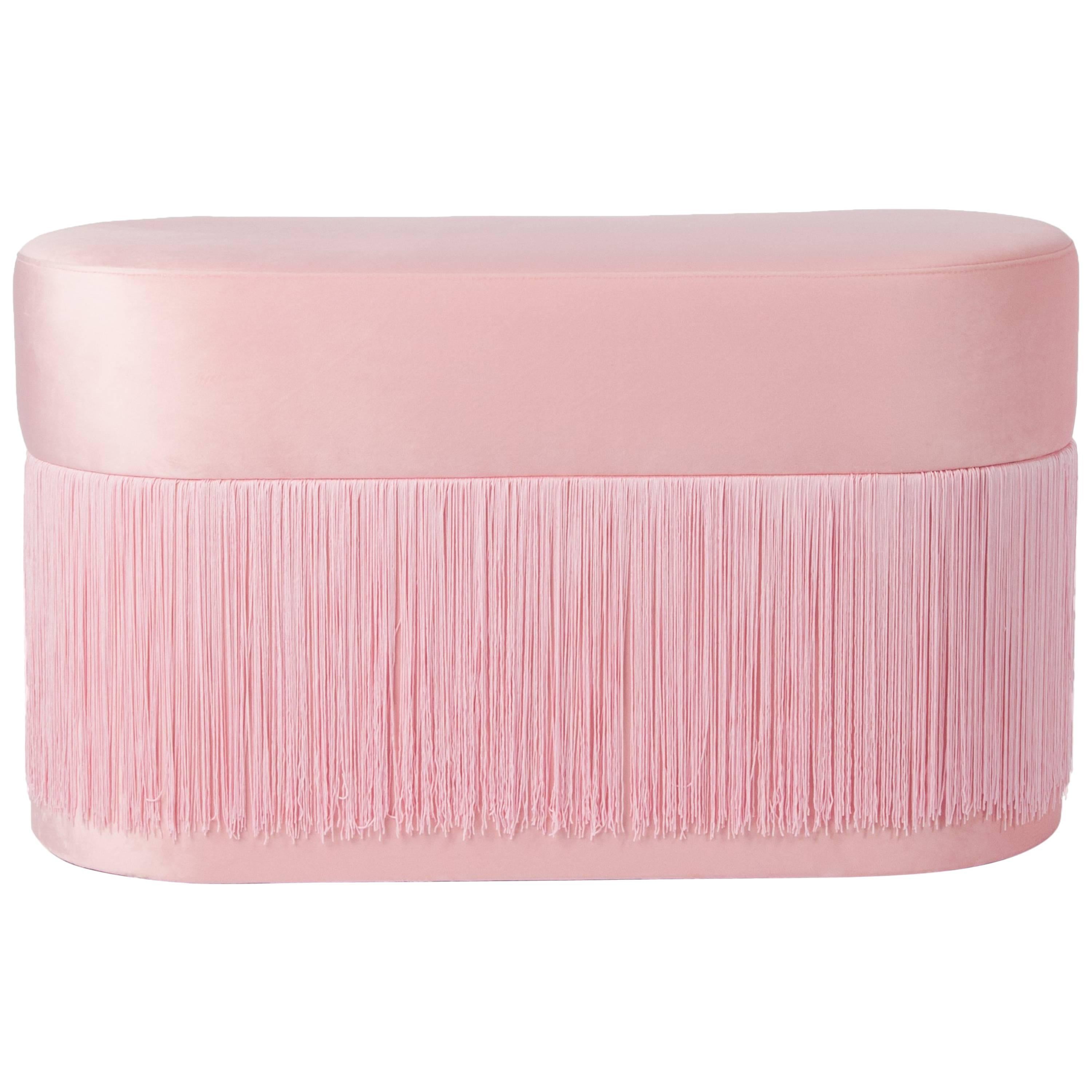 Pouf Pill Large Pink in Velvet Upholstery with Fringes For Sale