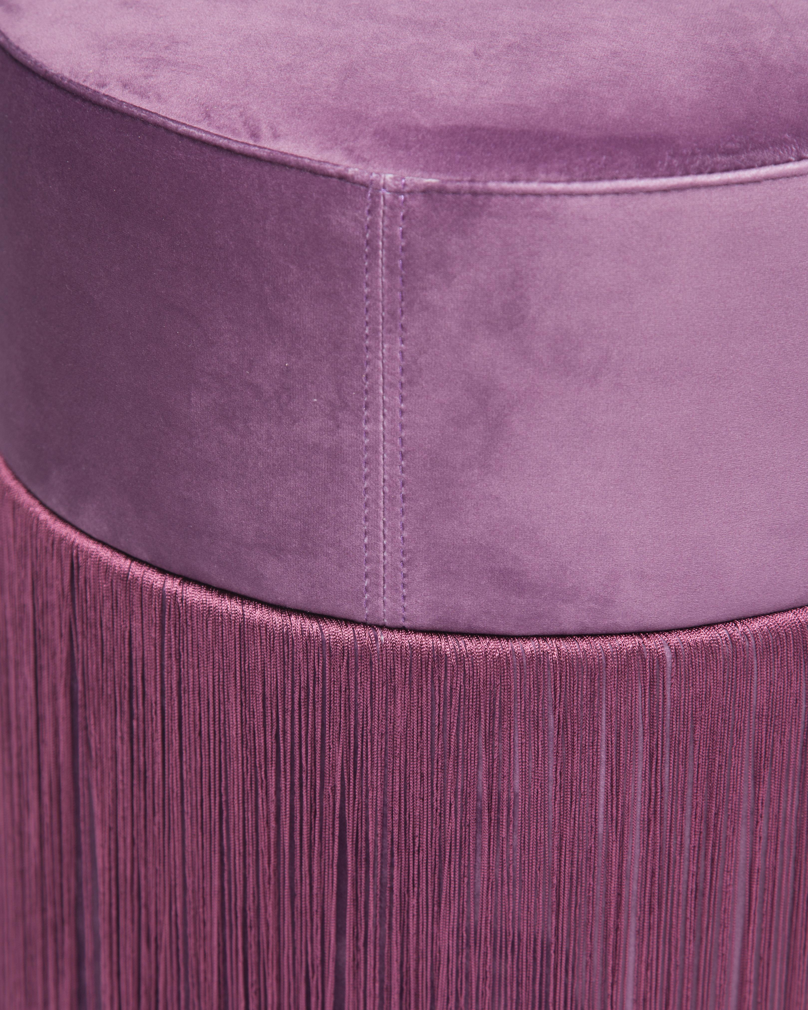 Other Pouf Pill Large Purple in Velvet Upholstery with Fringes For Sale