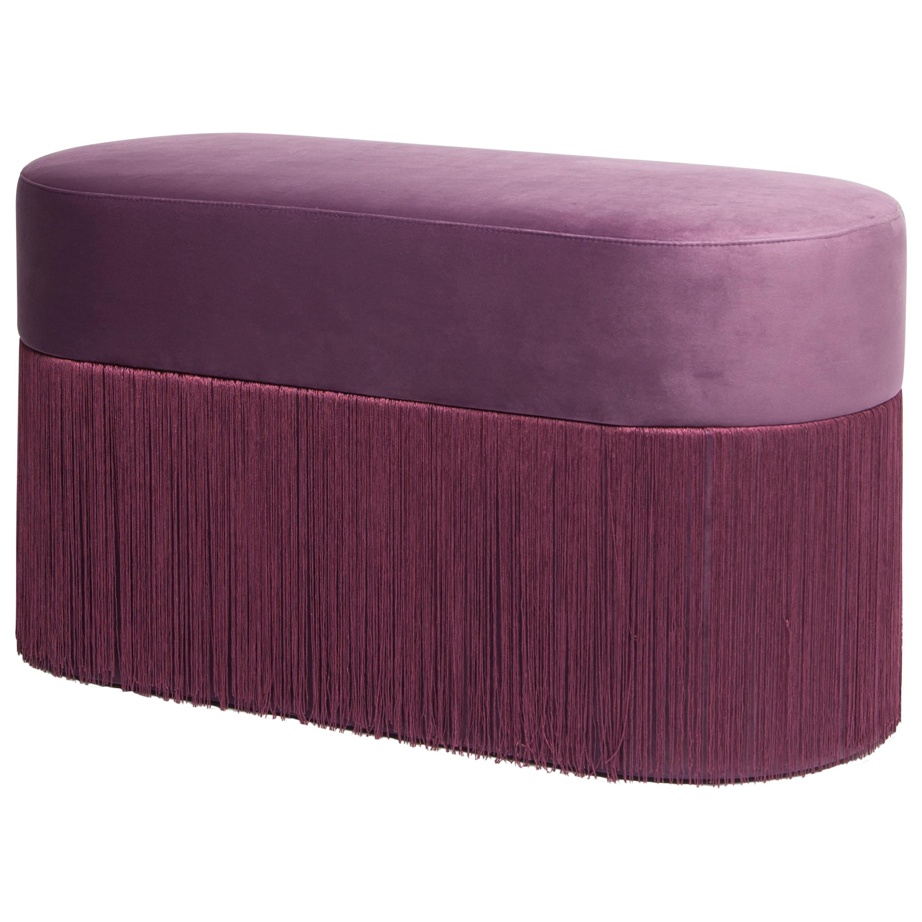 Pouf Pill Large Purple in Velvet Upholstery with Fringes For Sale