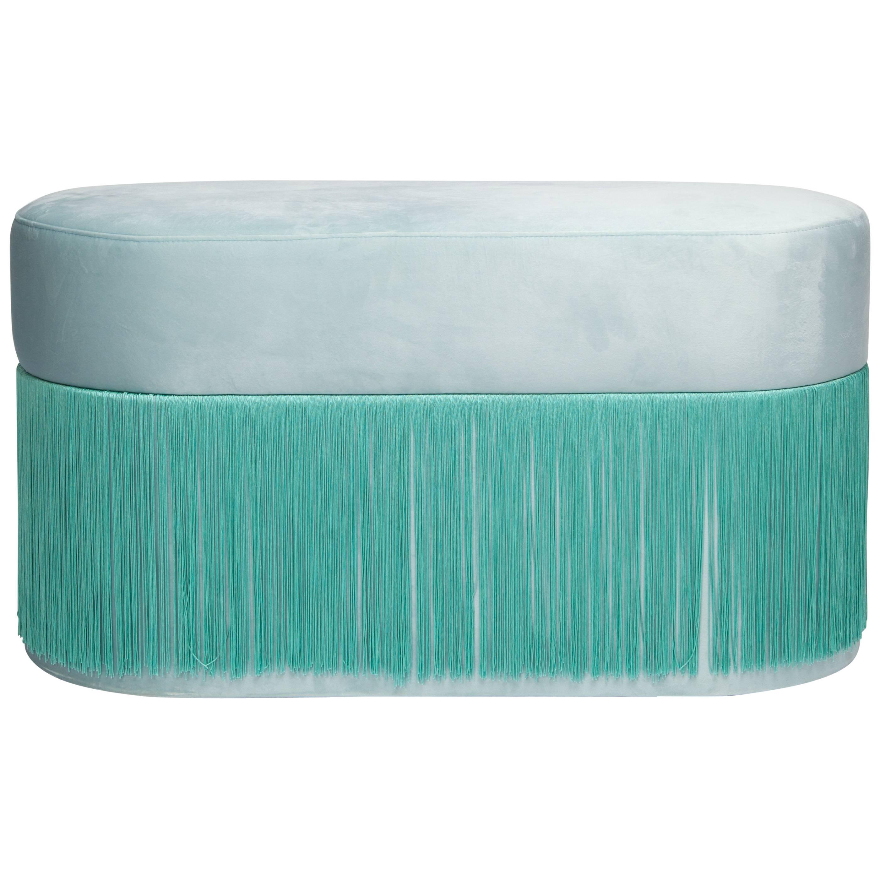 Pouf Pill Large Turquoise in Velvet Upholstery with Fringes For Sale
