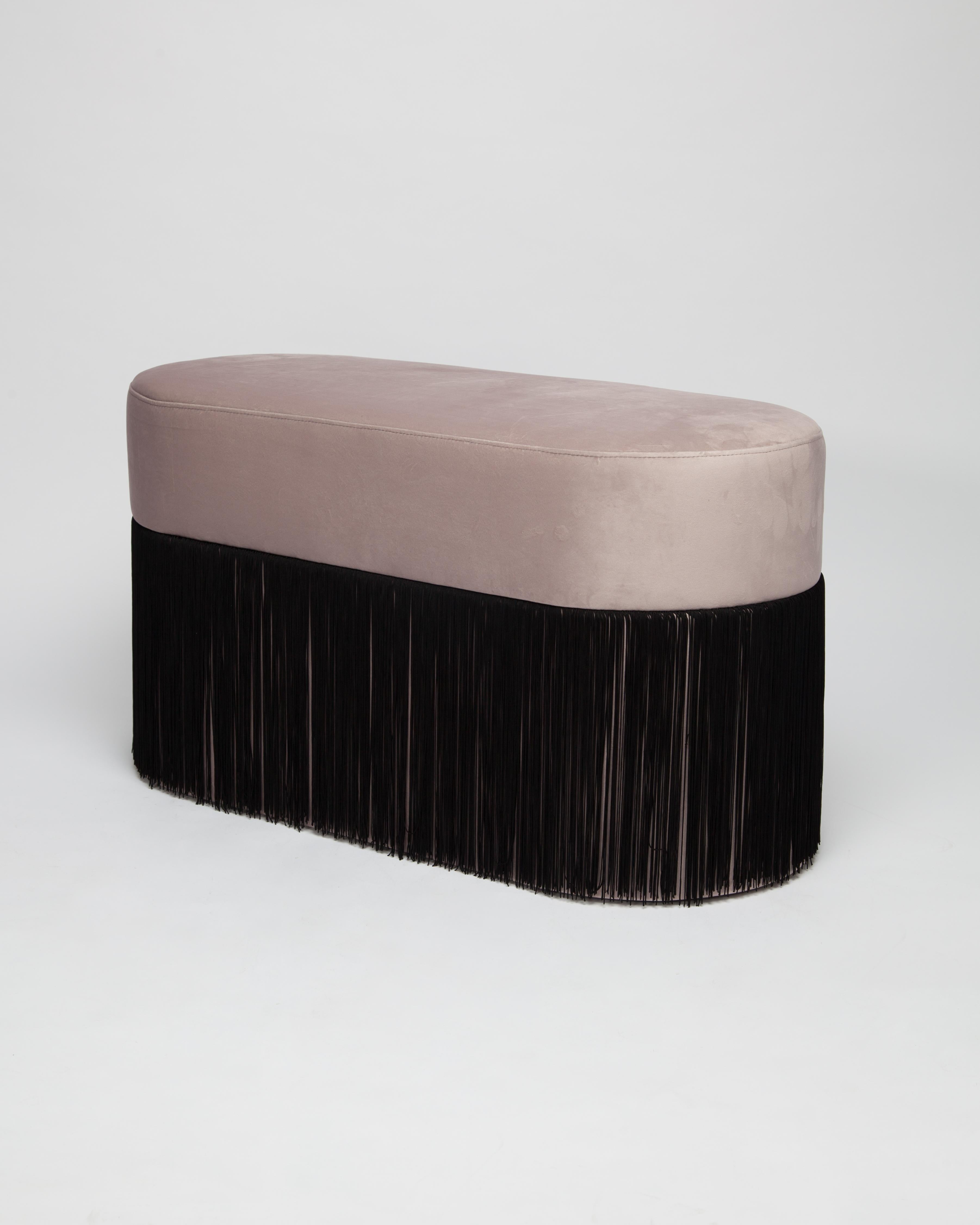 Other Pouf Pill Large Warm Grey in Velvet Upholstery with Fringes For Sale