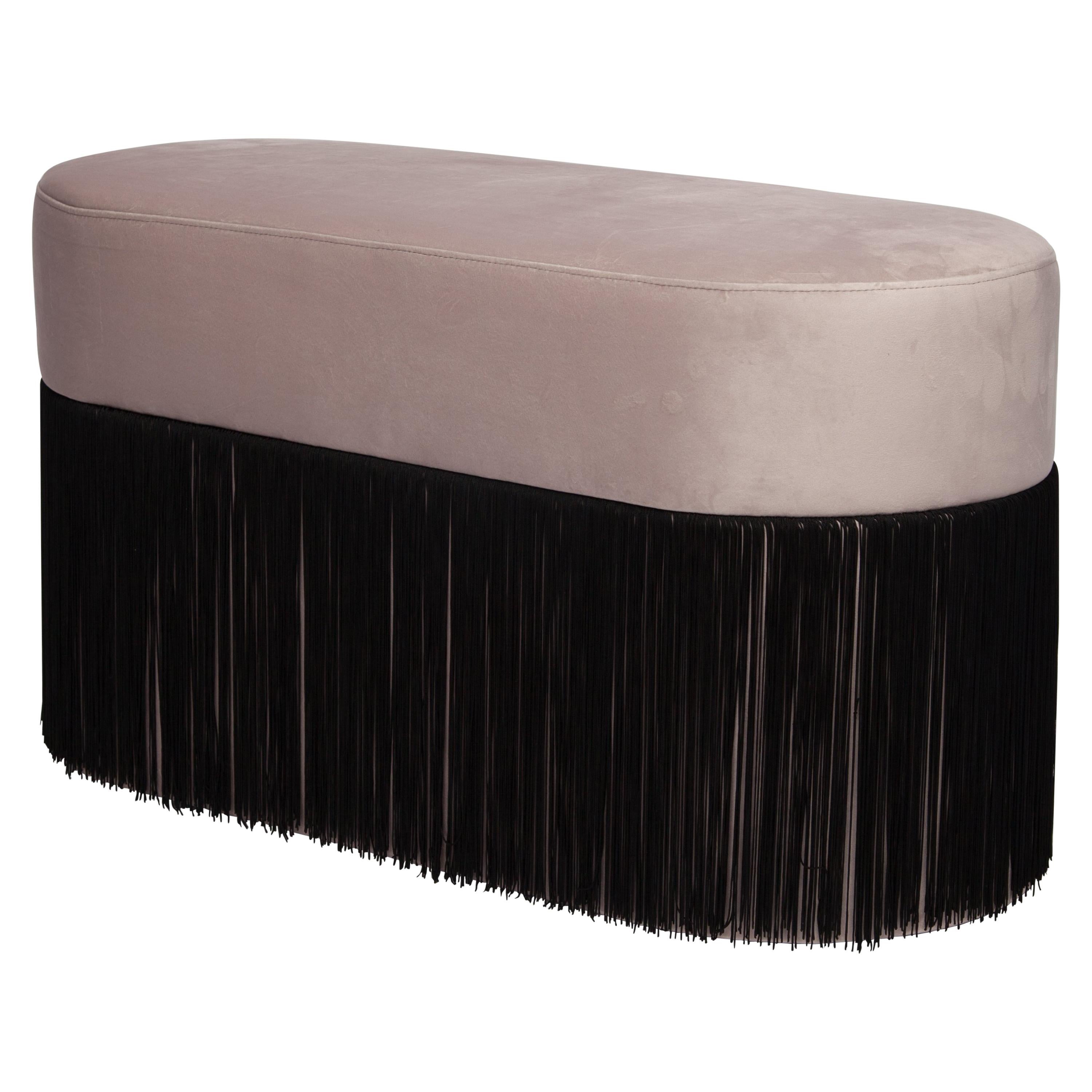 Pouf Pill Large Warm Grey in Velvet Upholstery with Fringes For Sale