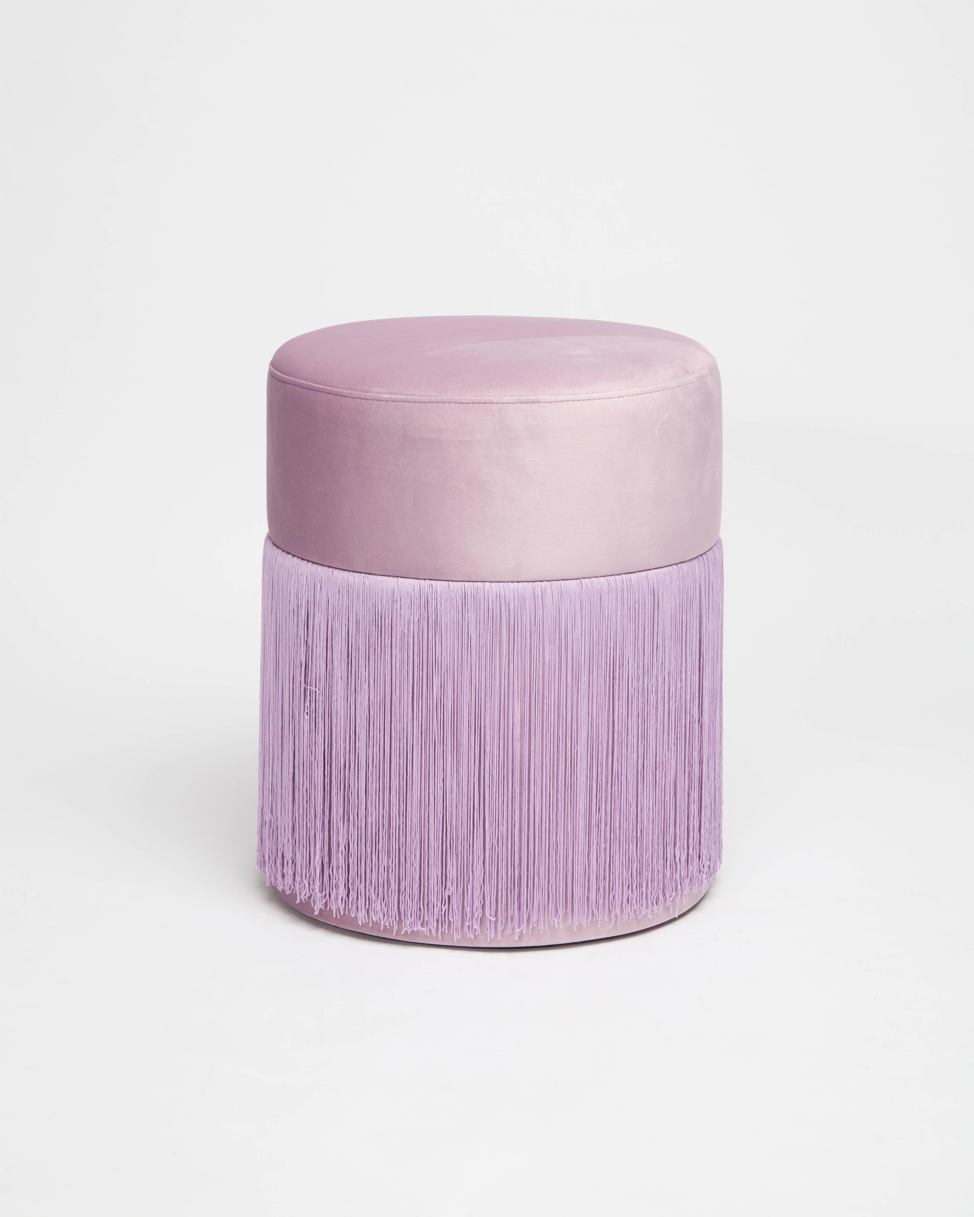 Other Pouf Pill Lilac in Velvet Upholstery with Fringes For Sale