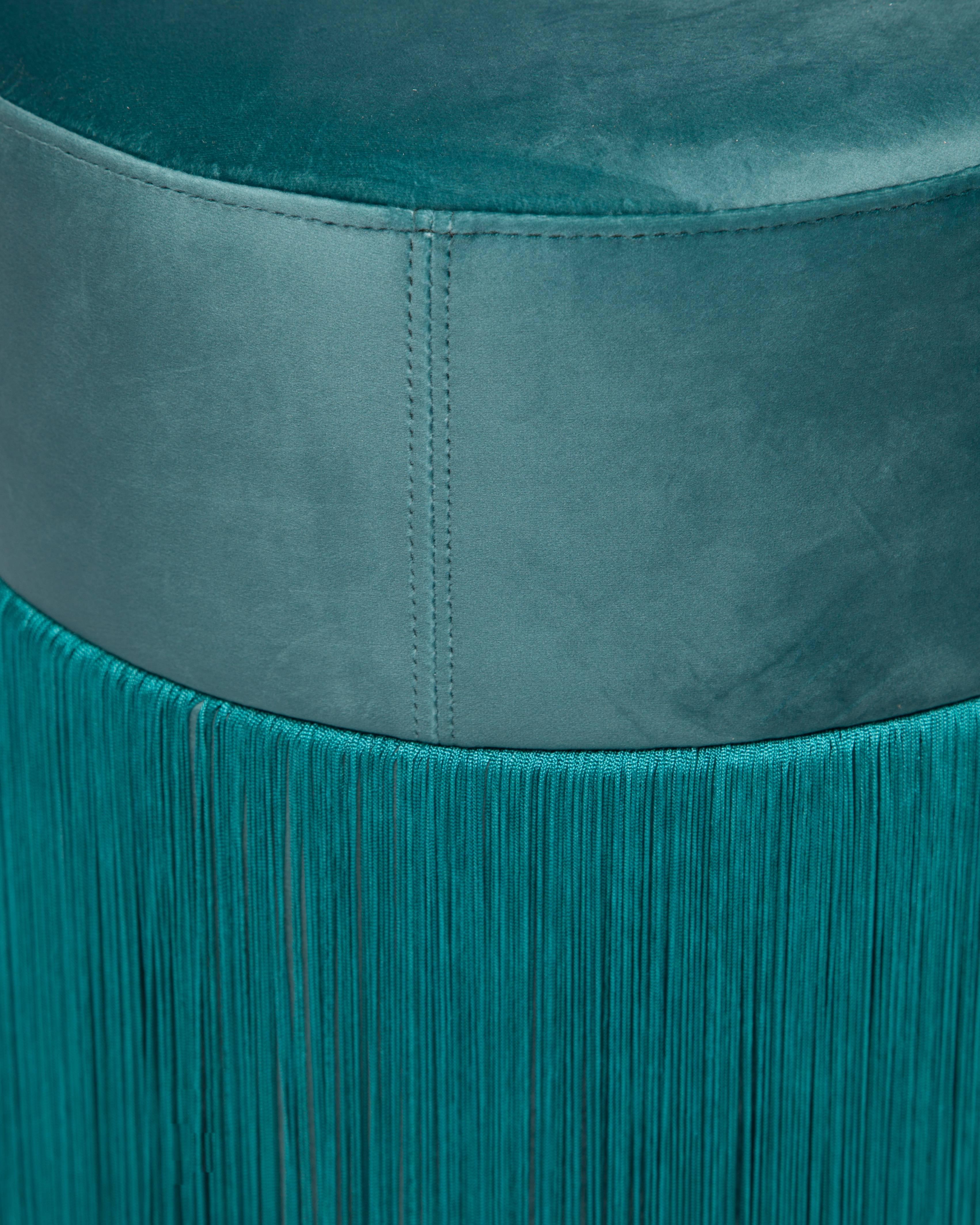 Other Pouf Pill Musk Green in Velvet Upholstery with Fringes For Sale