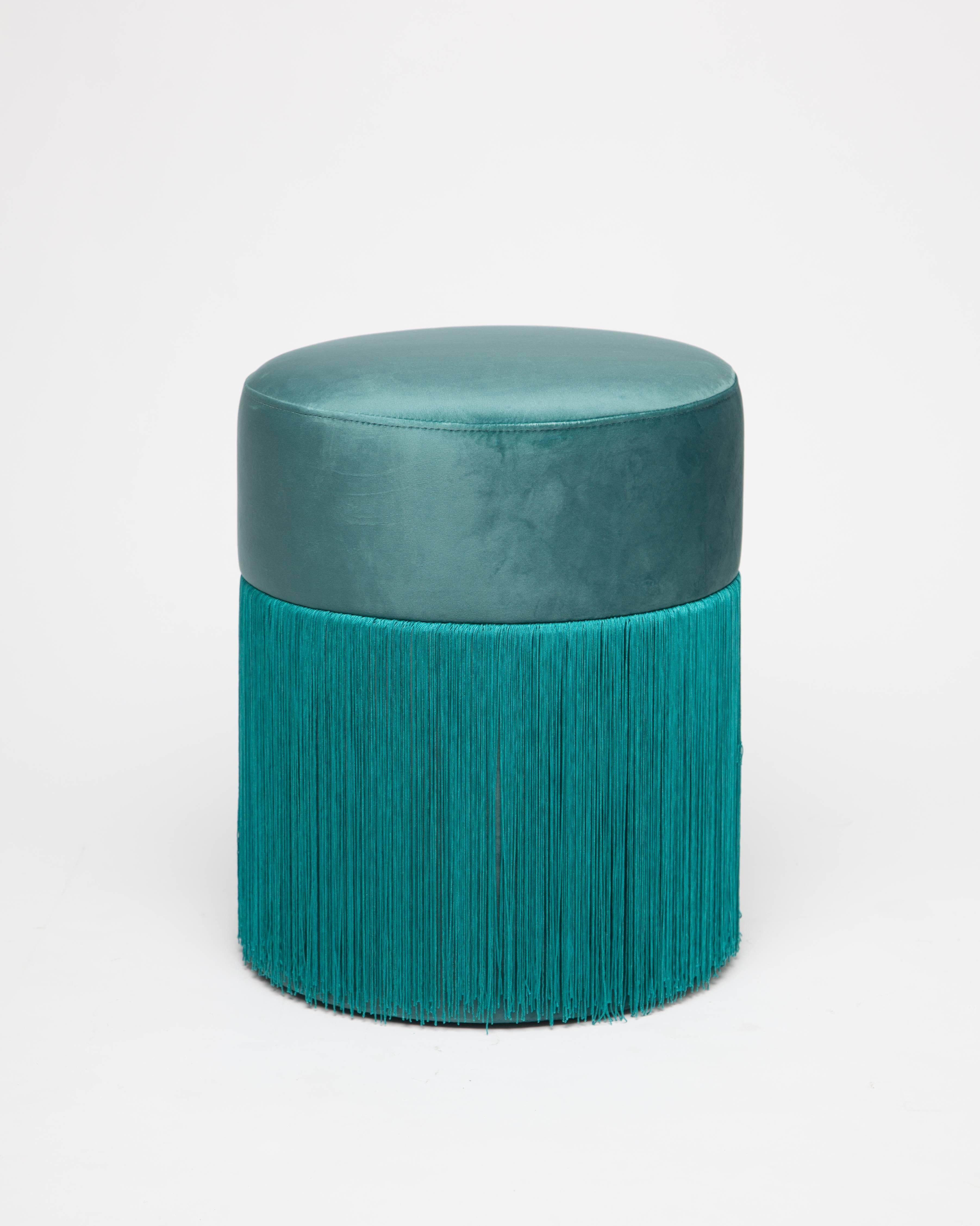 Spanish Pouf Pill Musk Green in Velvet Upholstery with Fringes For Sale