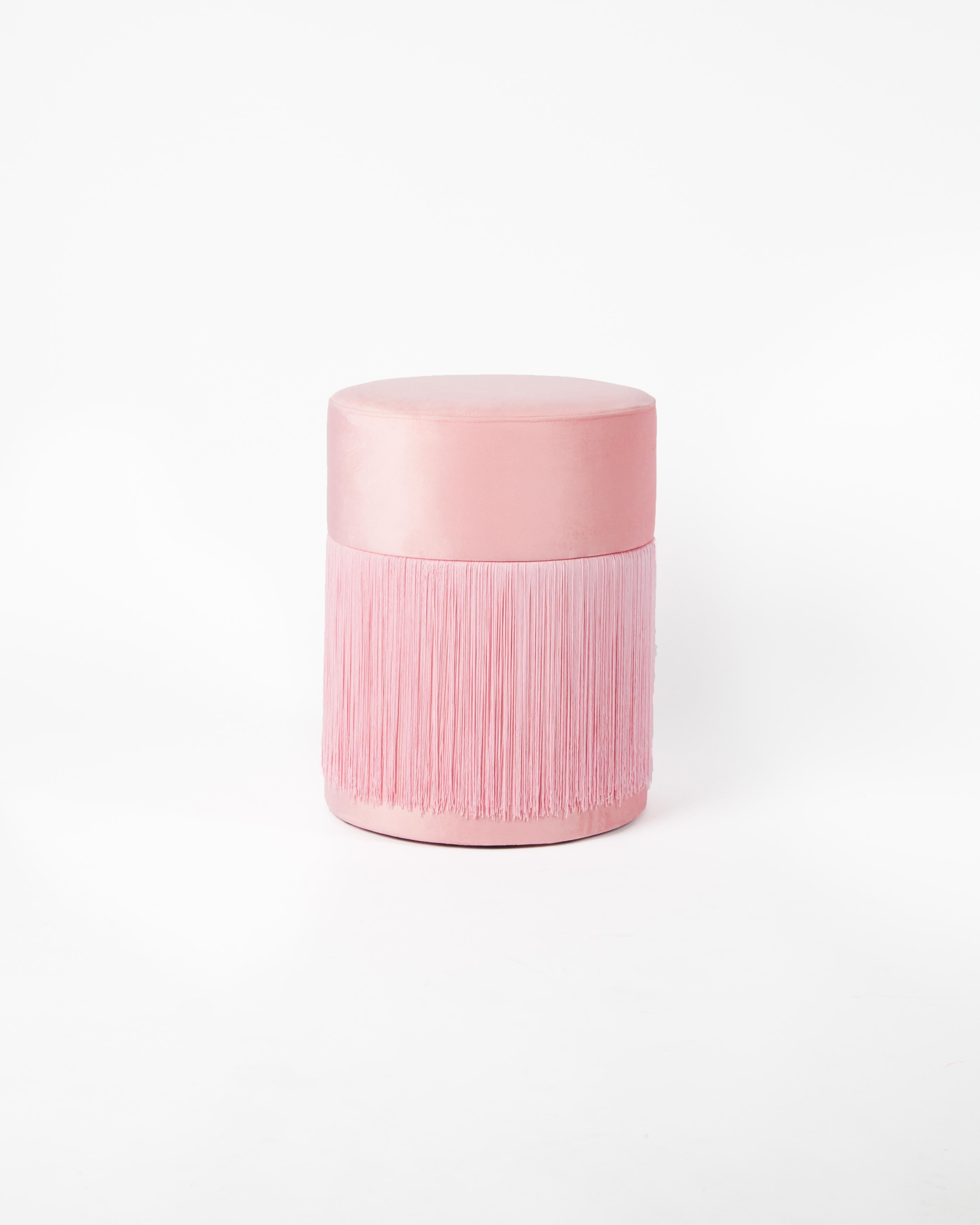 Other Pouf Pill Pink in Velvet Upholstery with Fringes For Sale