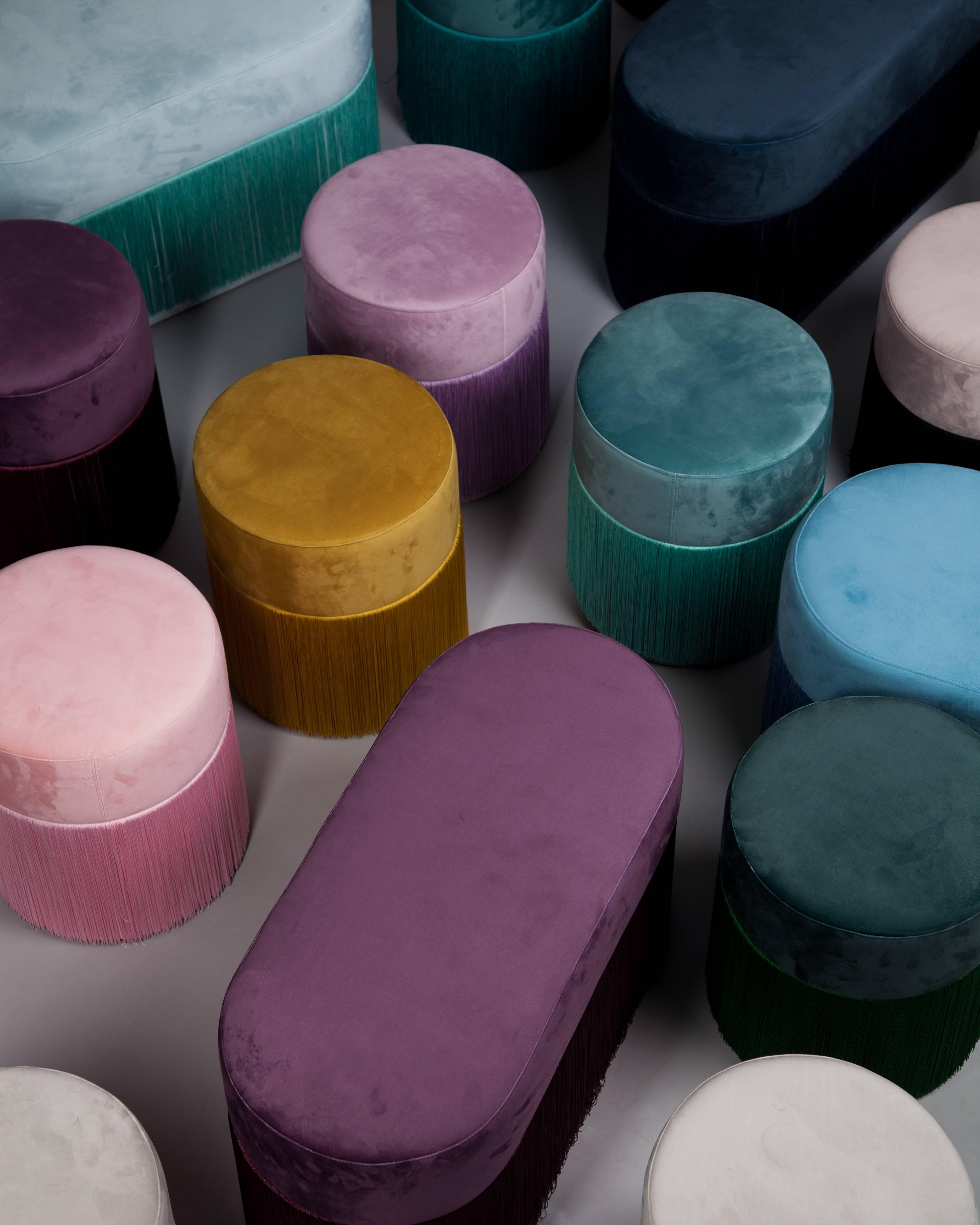 Spanish Pouf Pill Purple in Velvet Upholstery with Fringes For Sale