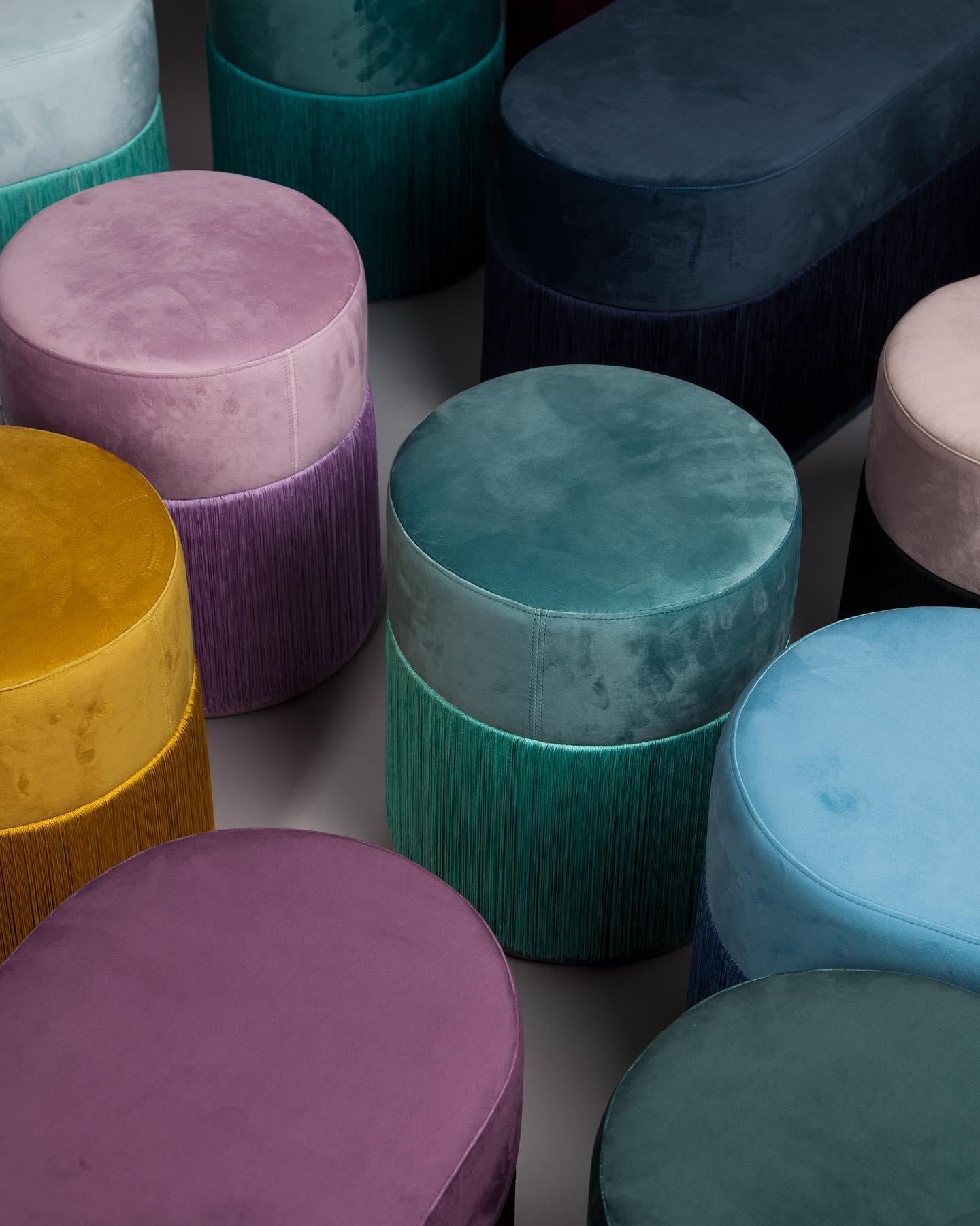 Pouf Pill S Contemporary Sculptural Pouf with Velvet and Fringes by Houtique For Sale 13
