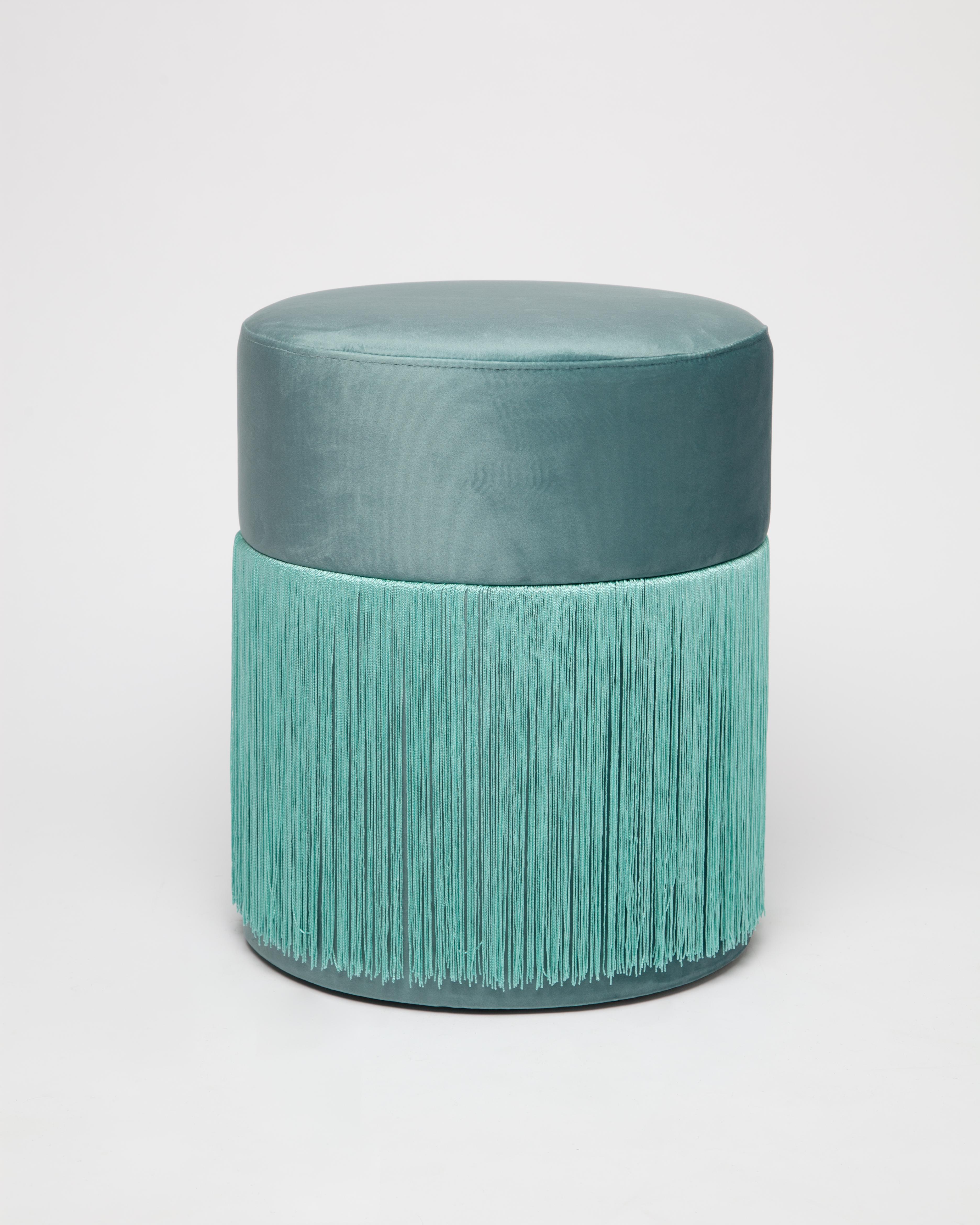 Spanish Pouf Pill Turquoise in Velvet Upholstery with Fringes For Sale