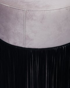 Pouf Pill Warm Grey in Velvet Upholstery with Fringes