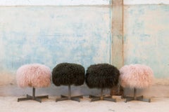 Pouf Pink /Green, Curly Sheep Skin, Upholstery and Metal Restored