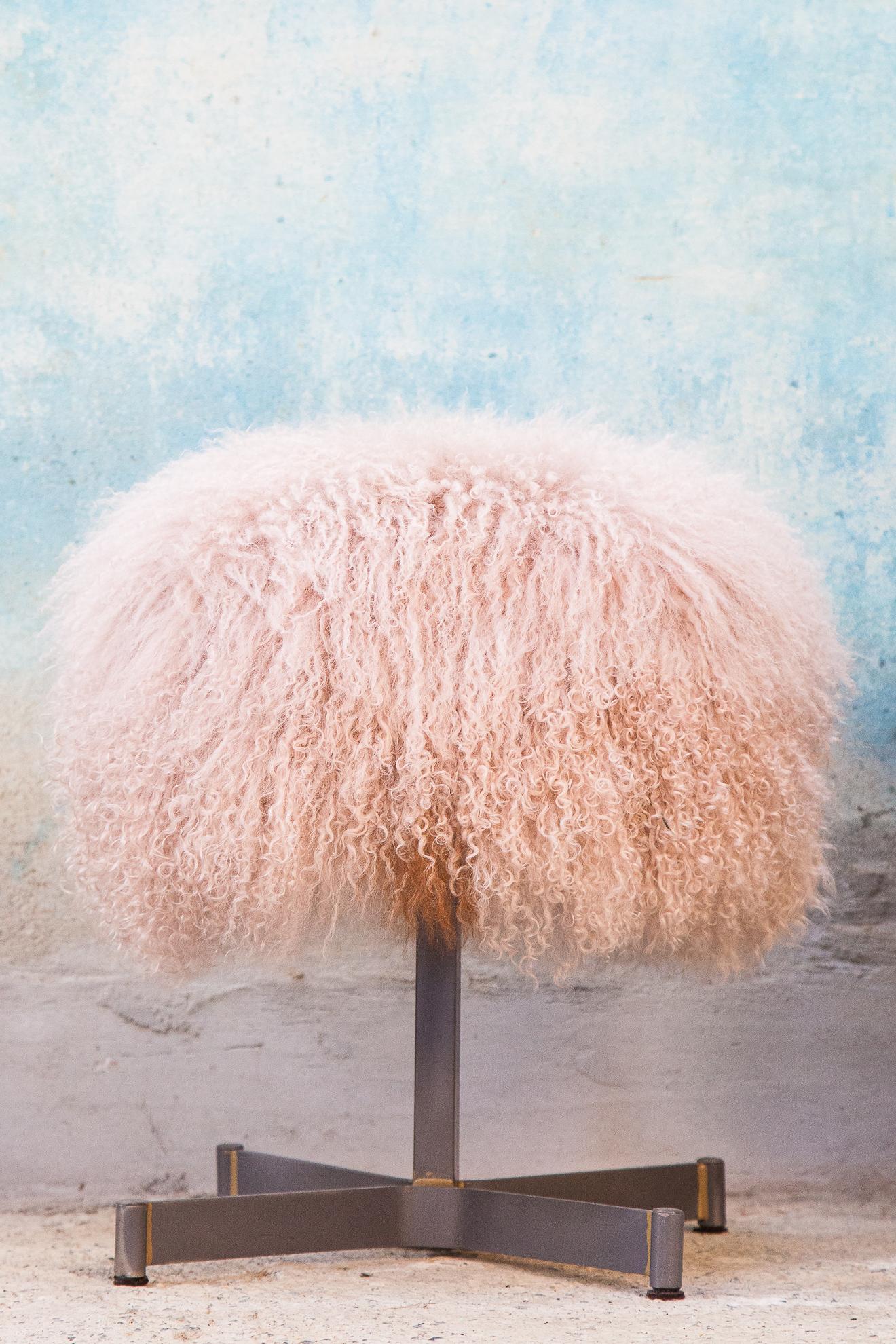 French Pouf Pink /Green, Curly Sheep Skin, Upholstery and Metal Restored For Sale