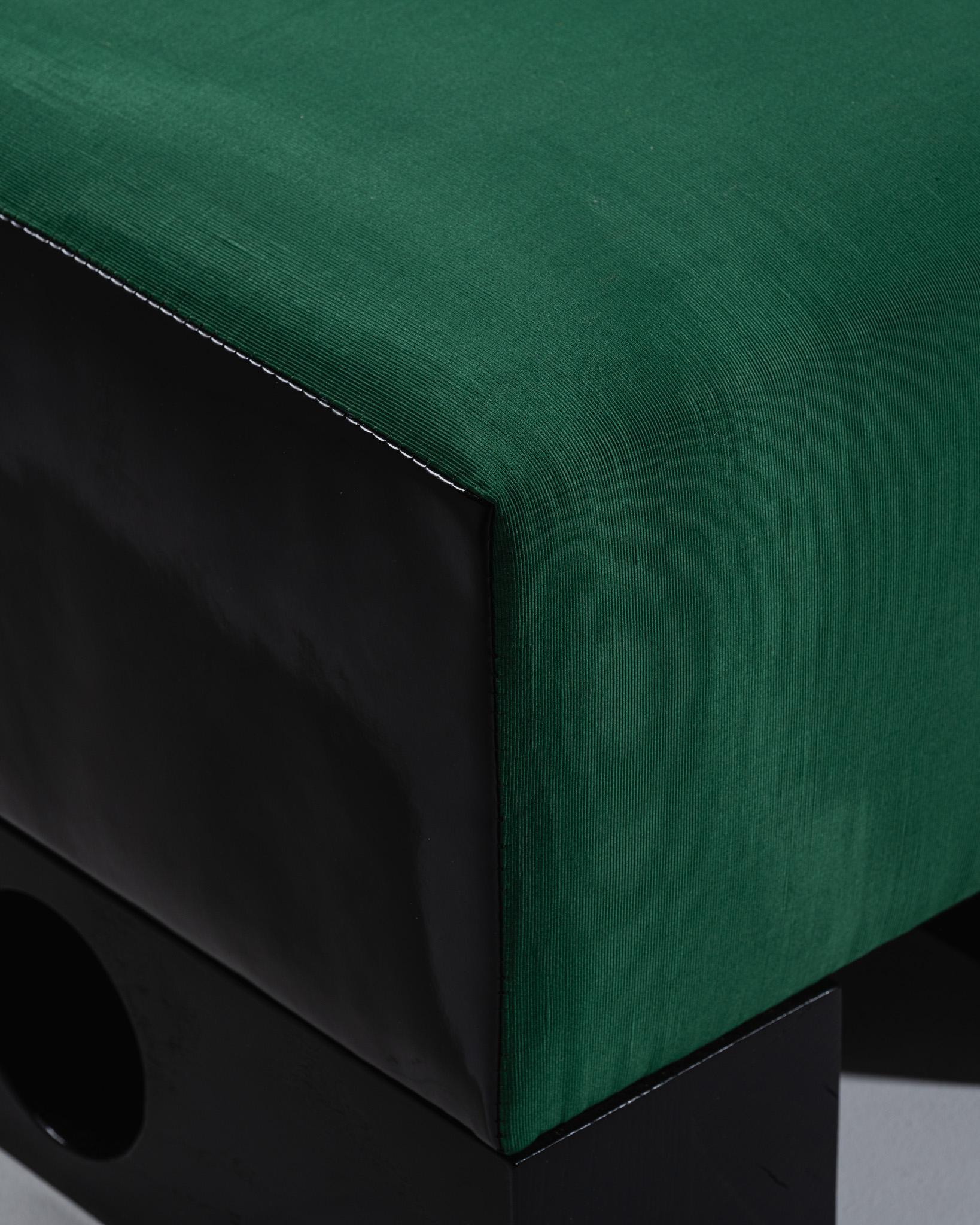PPF01 Pouf by Atelier Jonathan Cohen. Black lacquered wood structure with a green velvet upholstered foam seat. Its geometric and minimalist design is distinguished by an openwork cubic base.

DESIGNER : Atelier Jonathan Cohen