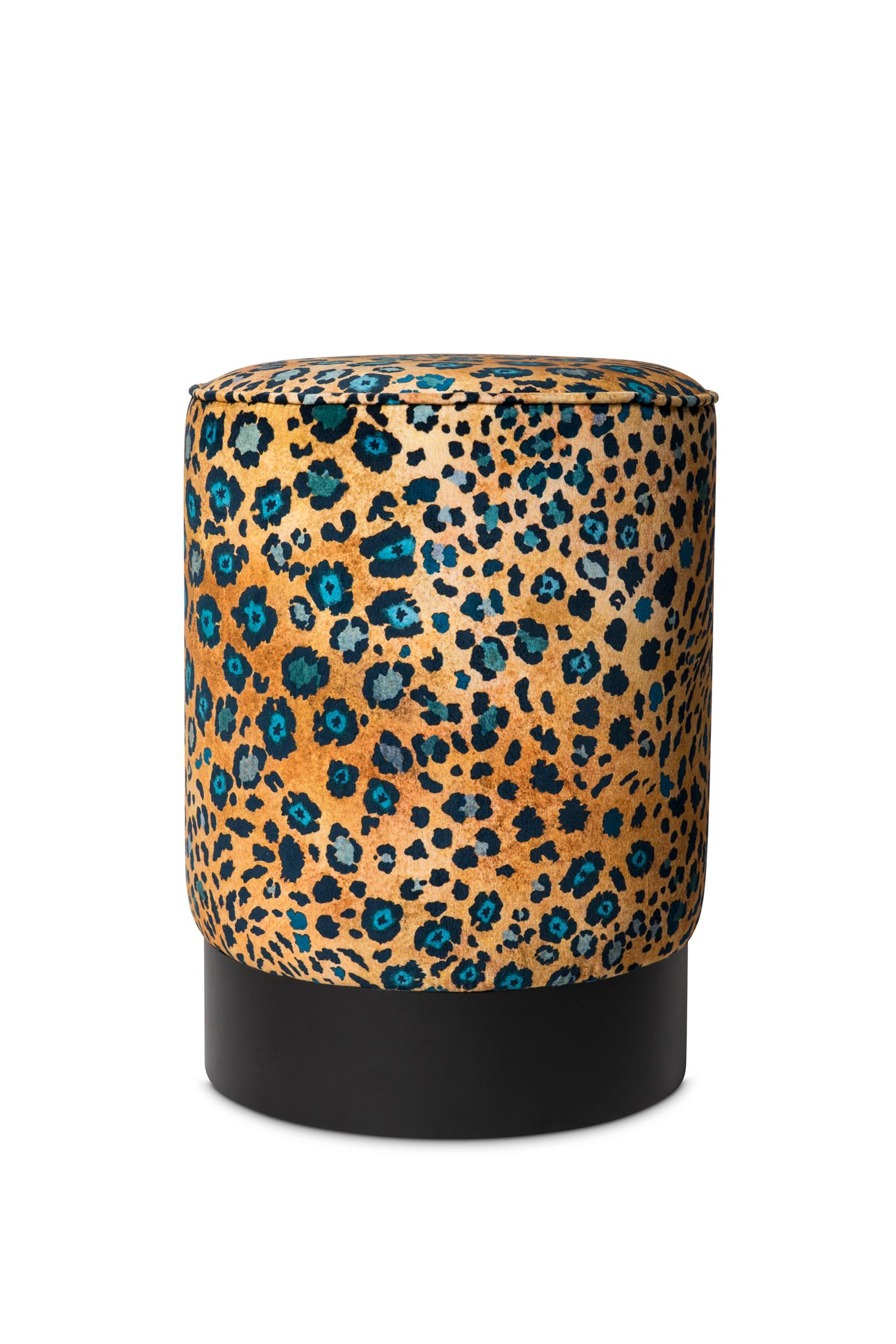 South African Pouf - Safari Spot Velvet Pouf on Black Base - Midnight For Sale