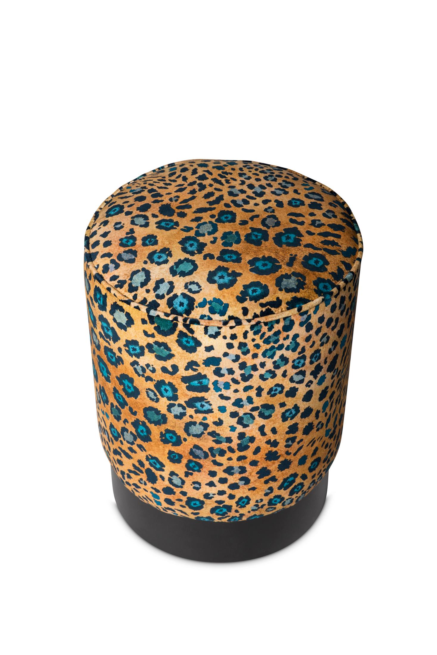 Pouf - Safari Spot Velvet Pouf on Black Base - Midnight In New Condition For Sale In New York, NY