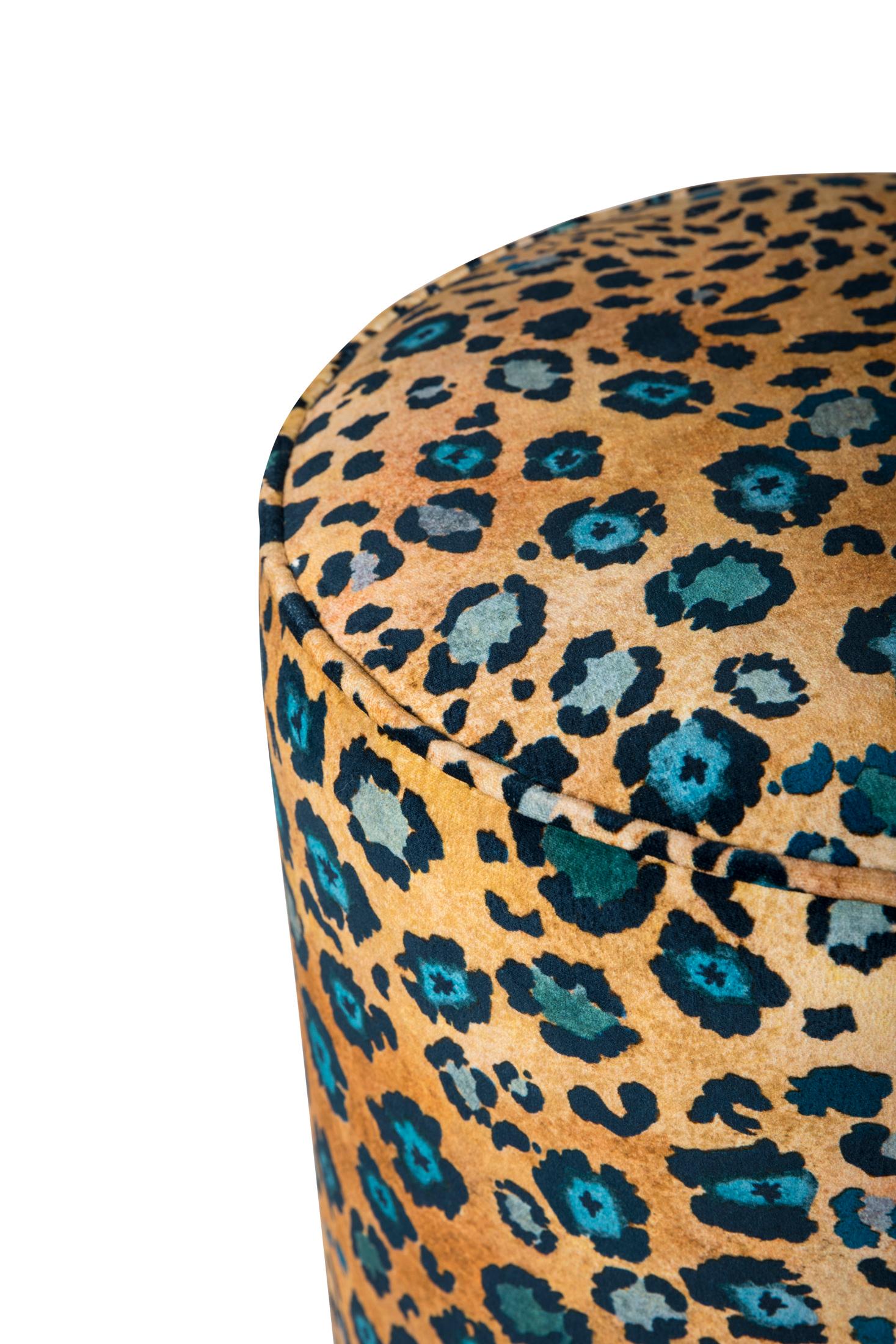 Contemporary Pouf - Safari Spot Velvet Pouf on Black Base - Midnight For Sale