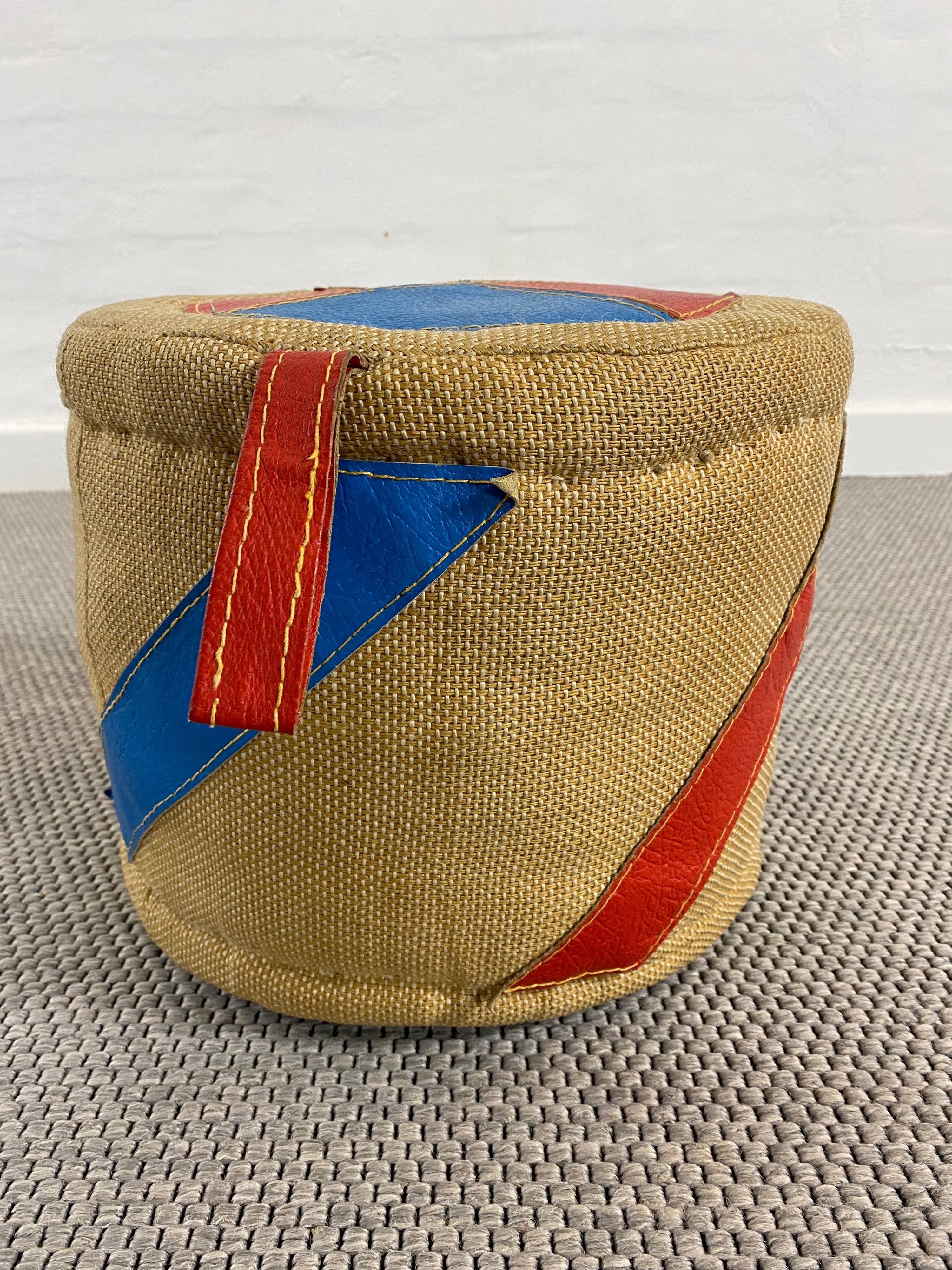 Original and Authentic therapeutic Toy for children by Renate Müller, East-Germany, GDR, circa 1973.

A Drum-shaped pouf with handles, made of jute (or so-called Rupfen) and Leather.

With its robust and natural materials this toy or pouf was a