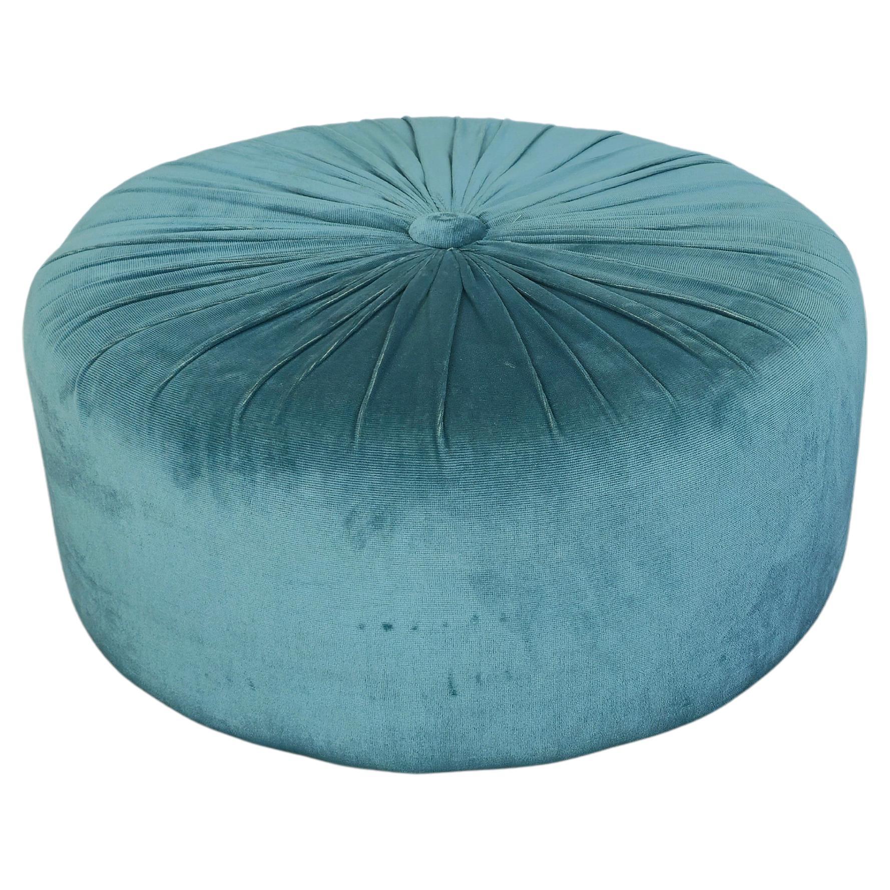 Pouf Turquoise Velvet Smooth Circular Midcentury Modern Italian Design 1960s For Sale