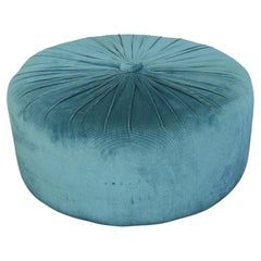 Vintage Pouf Turquoise Velvet Smooth Circular Midcentury Modern Italian Design 1960s