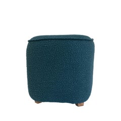 Stool Footrest Pouf Upholstered in Blue Bouclé, France, 1970s