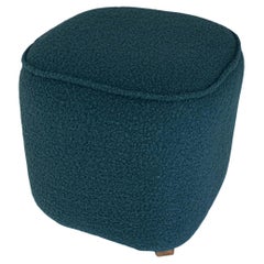 Stool Footrest Pouf Upholstered in Blue Bouclé, France, 1970