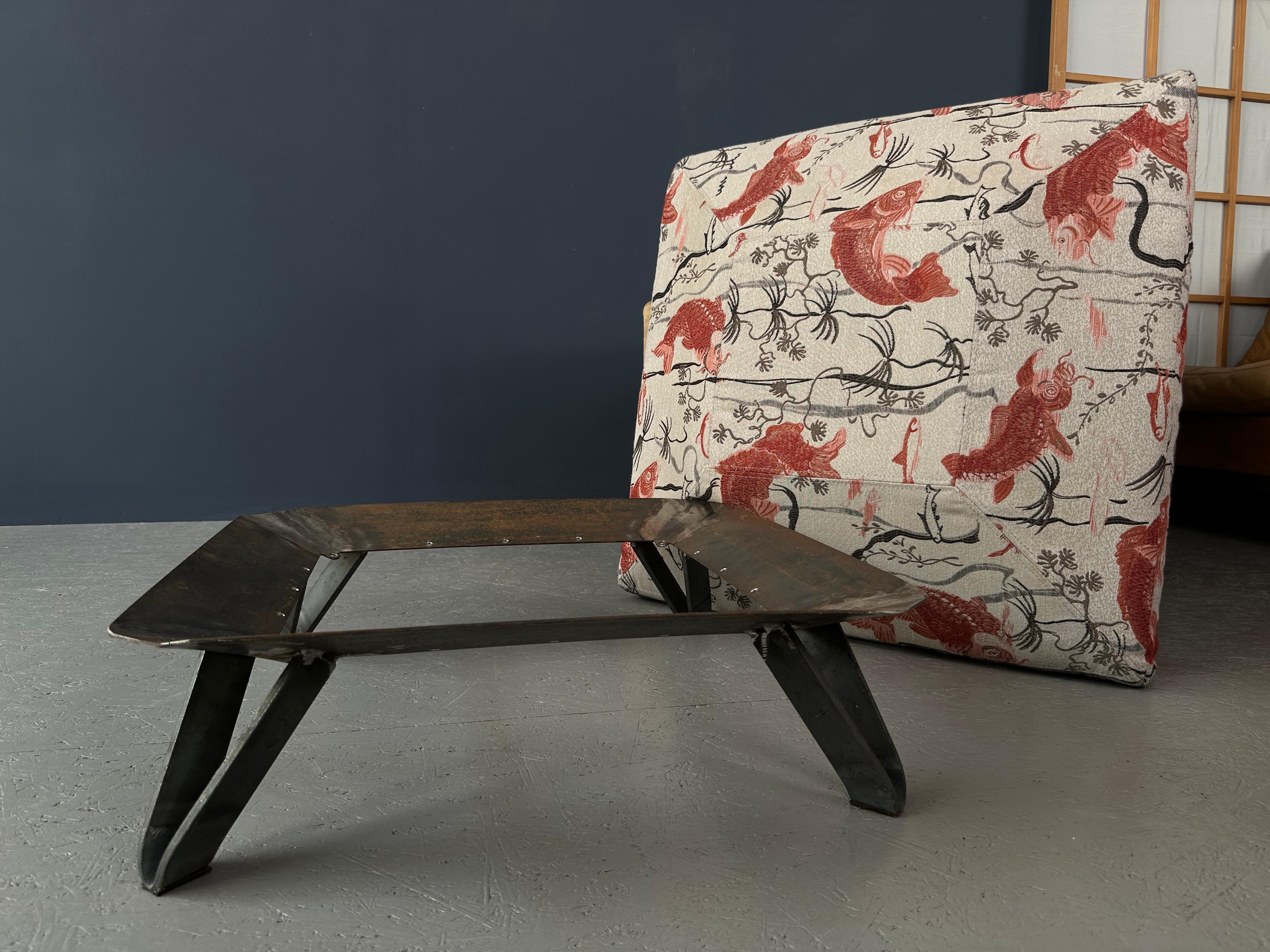 20th Century Pouf with a fish-patterned square pillow and iron legs For Sale