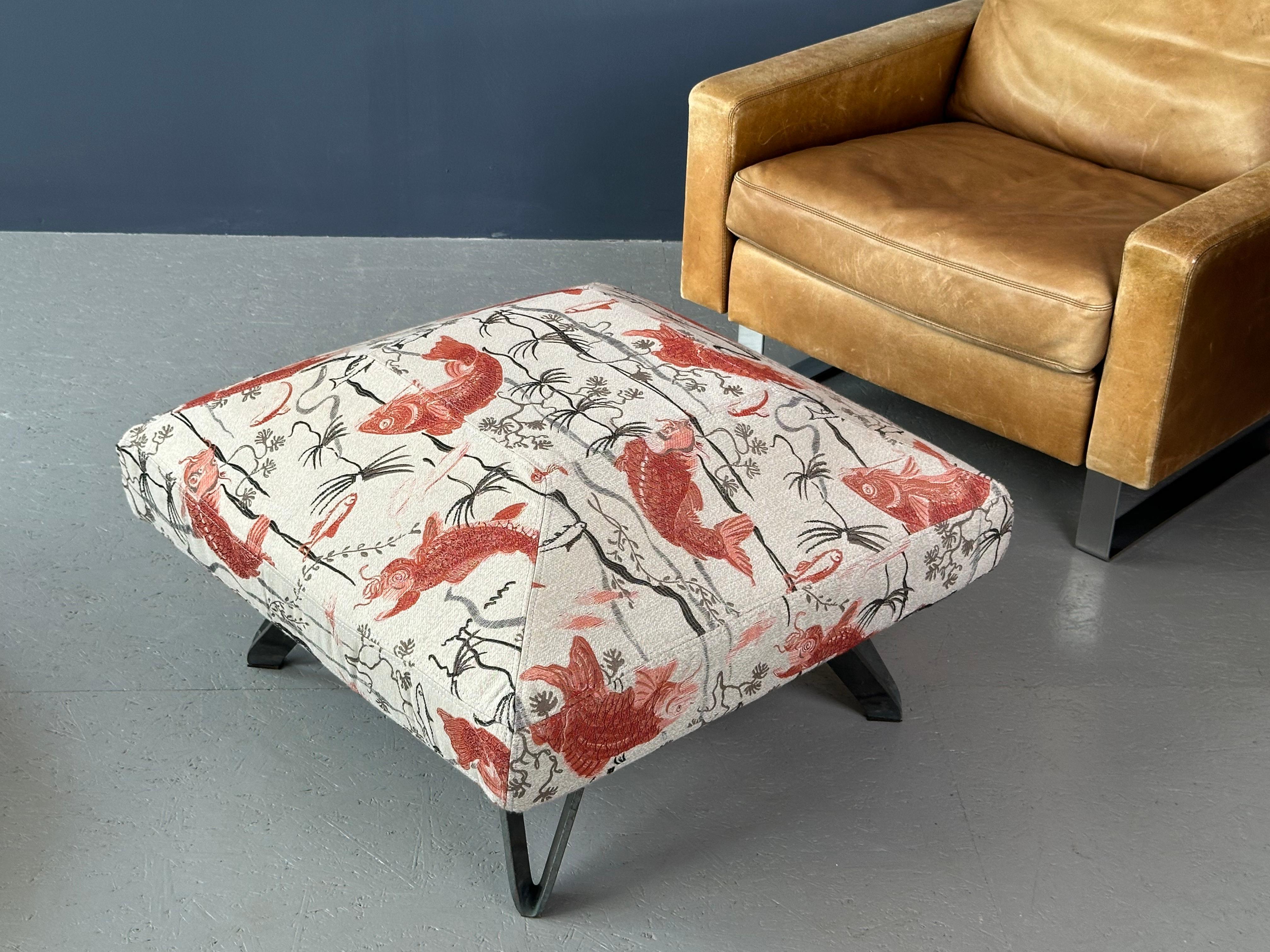 Fabric Pouf with a fish-patterned square pillow and iron legs For Sale