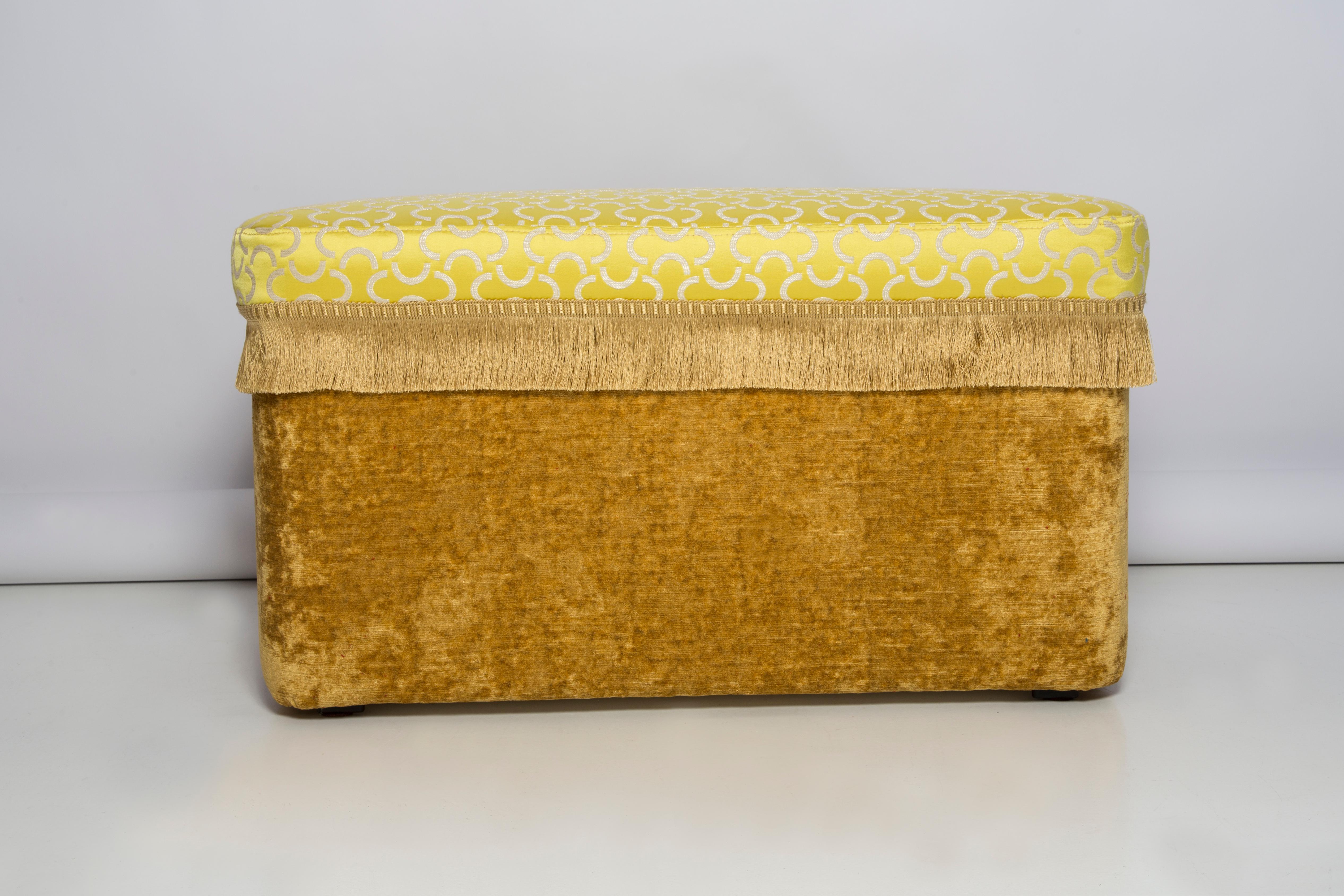 Mid-Century Modern Pouffe with Box, Yellow Mezzaluna Jacquard, by Vintola Studio, Europe, Poland For Sale