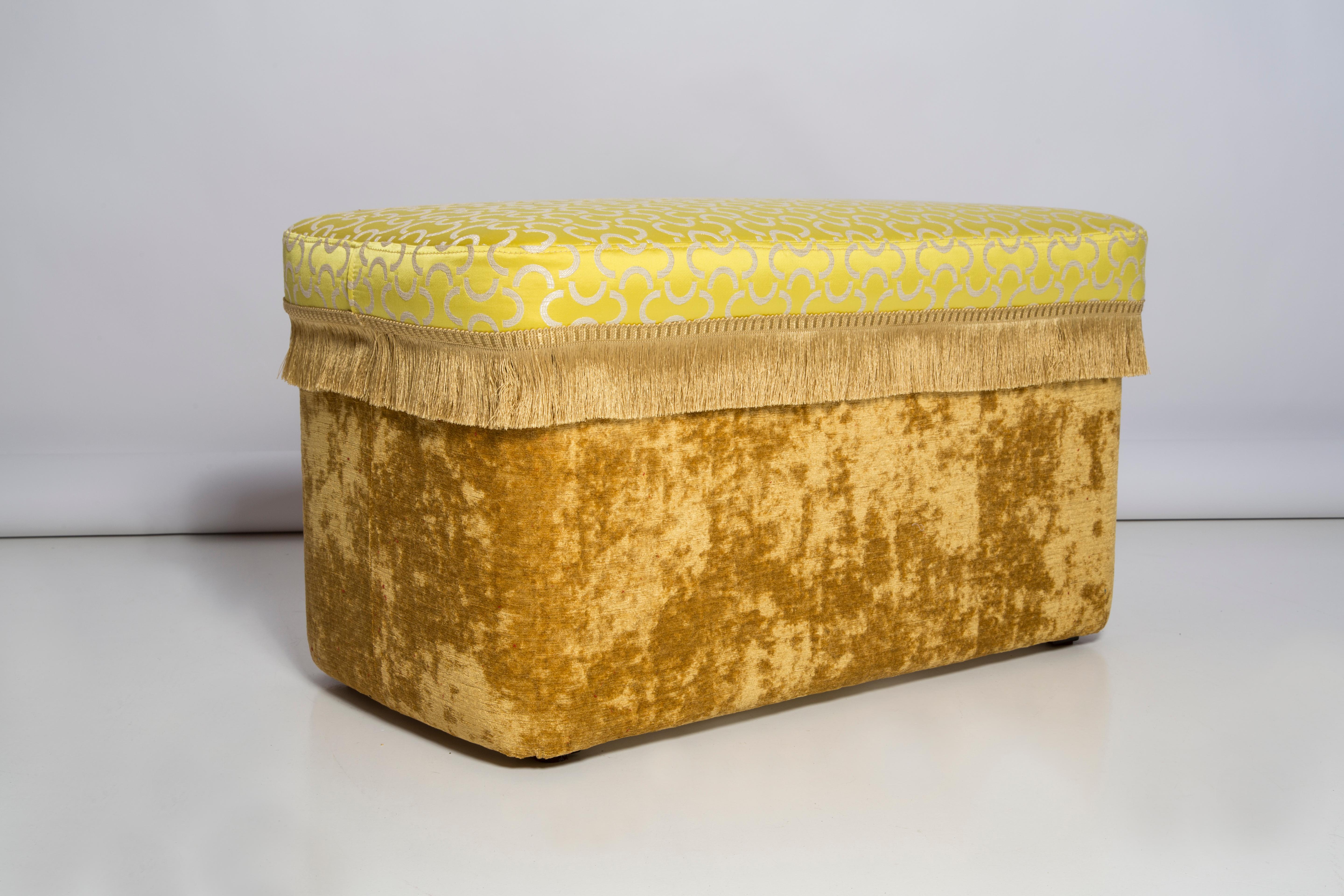 Hand-Painted Pouffe with Box, Yellow Mezzaluna Jacquard, by Vintola Studio, Europe, Poland For Sale