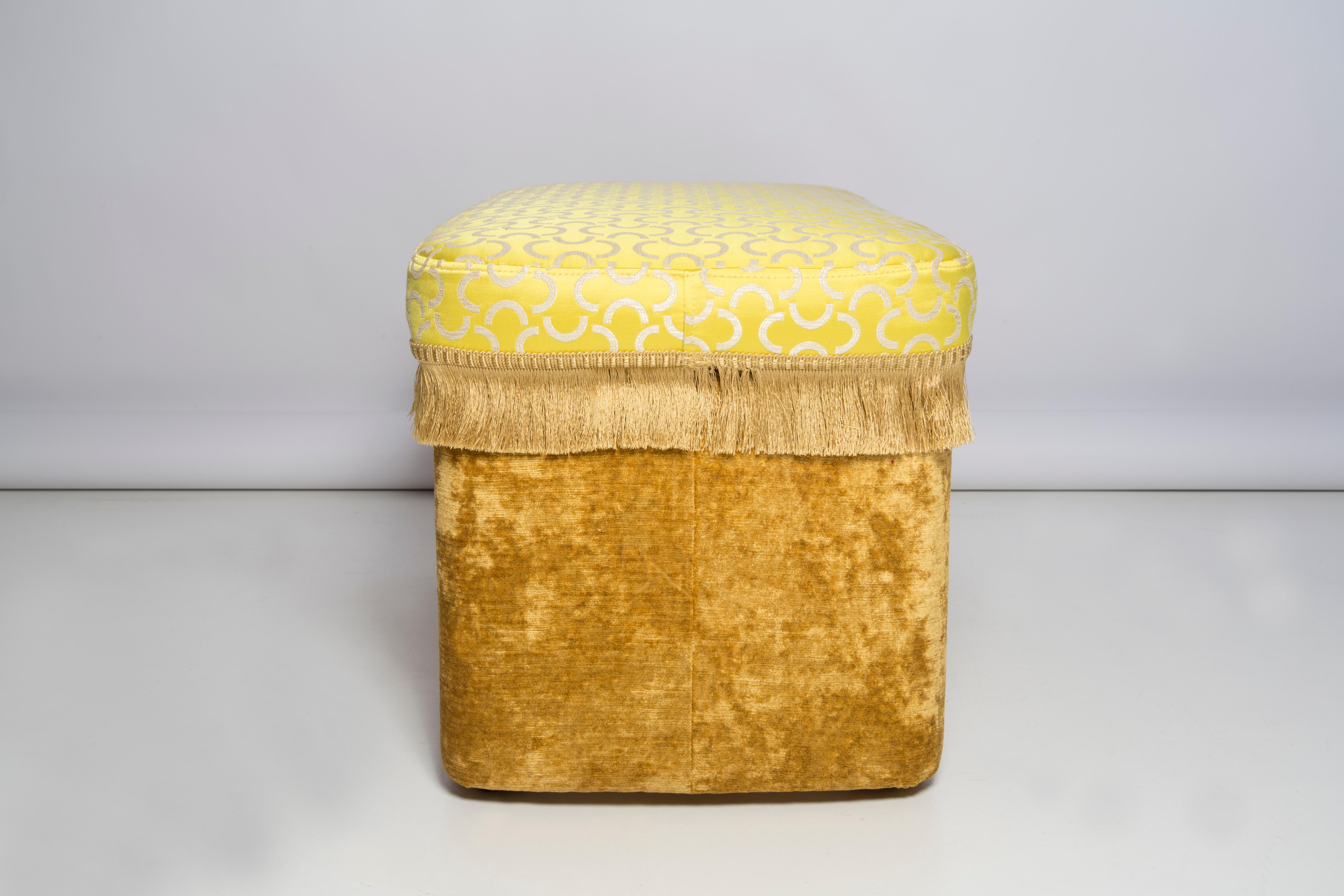 Contemporary Pouffe with Box, Yellow Mezzaluna Jacquard, by Vintola Studio, Europe, Poland For Sale