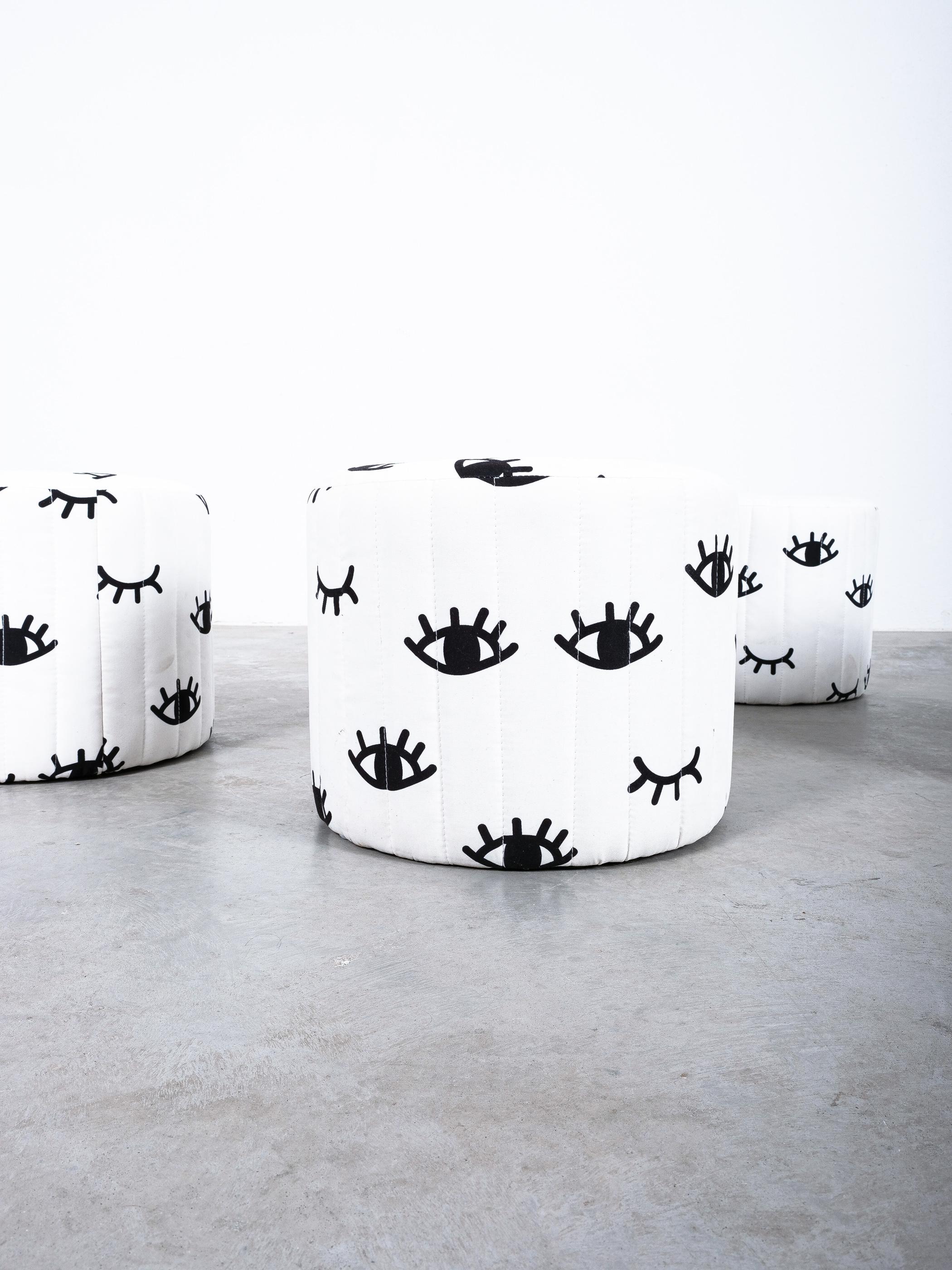 Poufs Black White Eyes Black Stool Cushions, 1970s, Italy For Sale 1