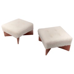 Vintage Poufs in Teck, False Sheepskin Fabric, Scandinavian Style, White and Brown