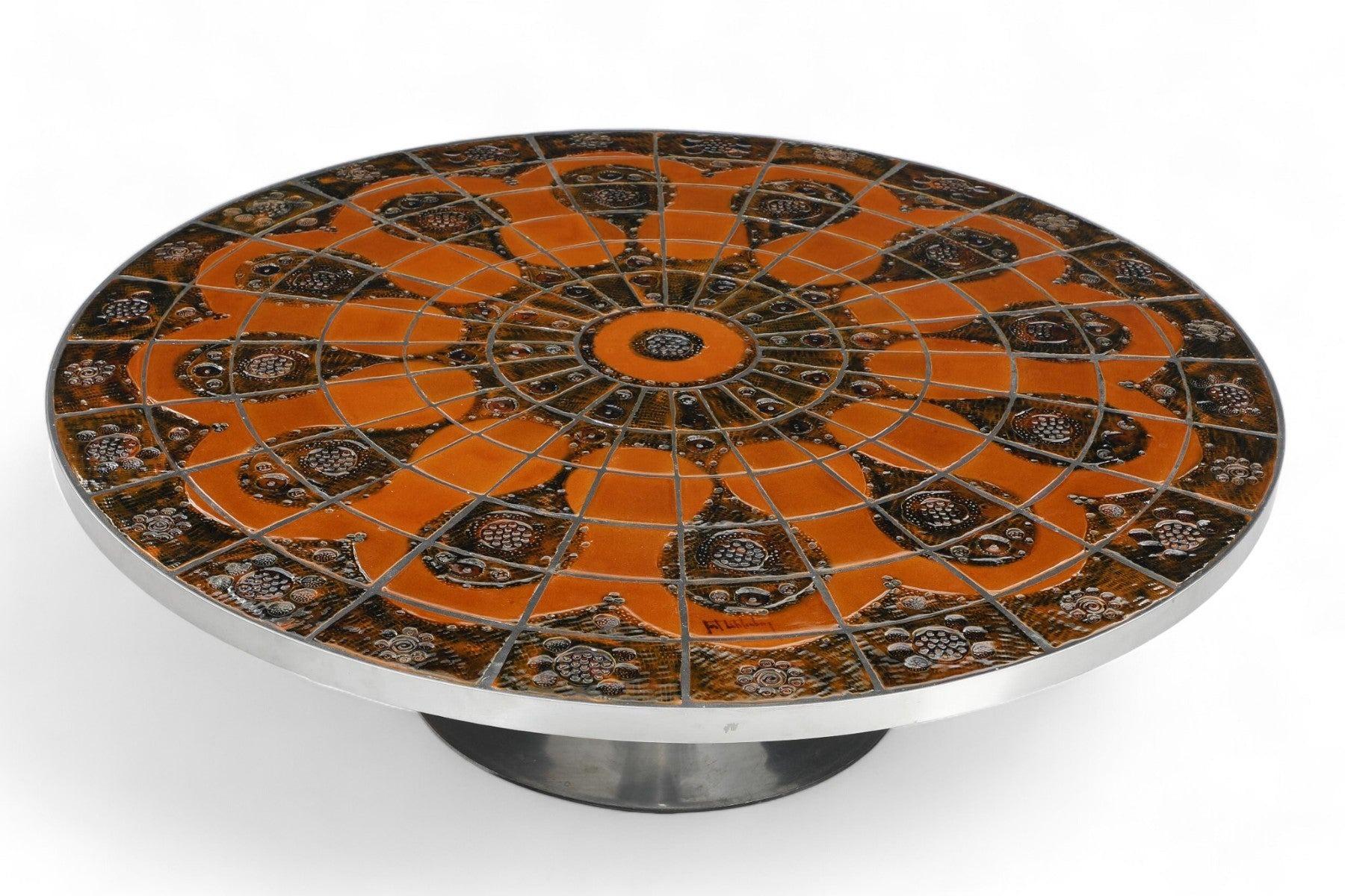 Danois Table basse ronde à carreaux polychromes Poul Cadovious en vente