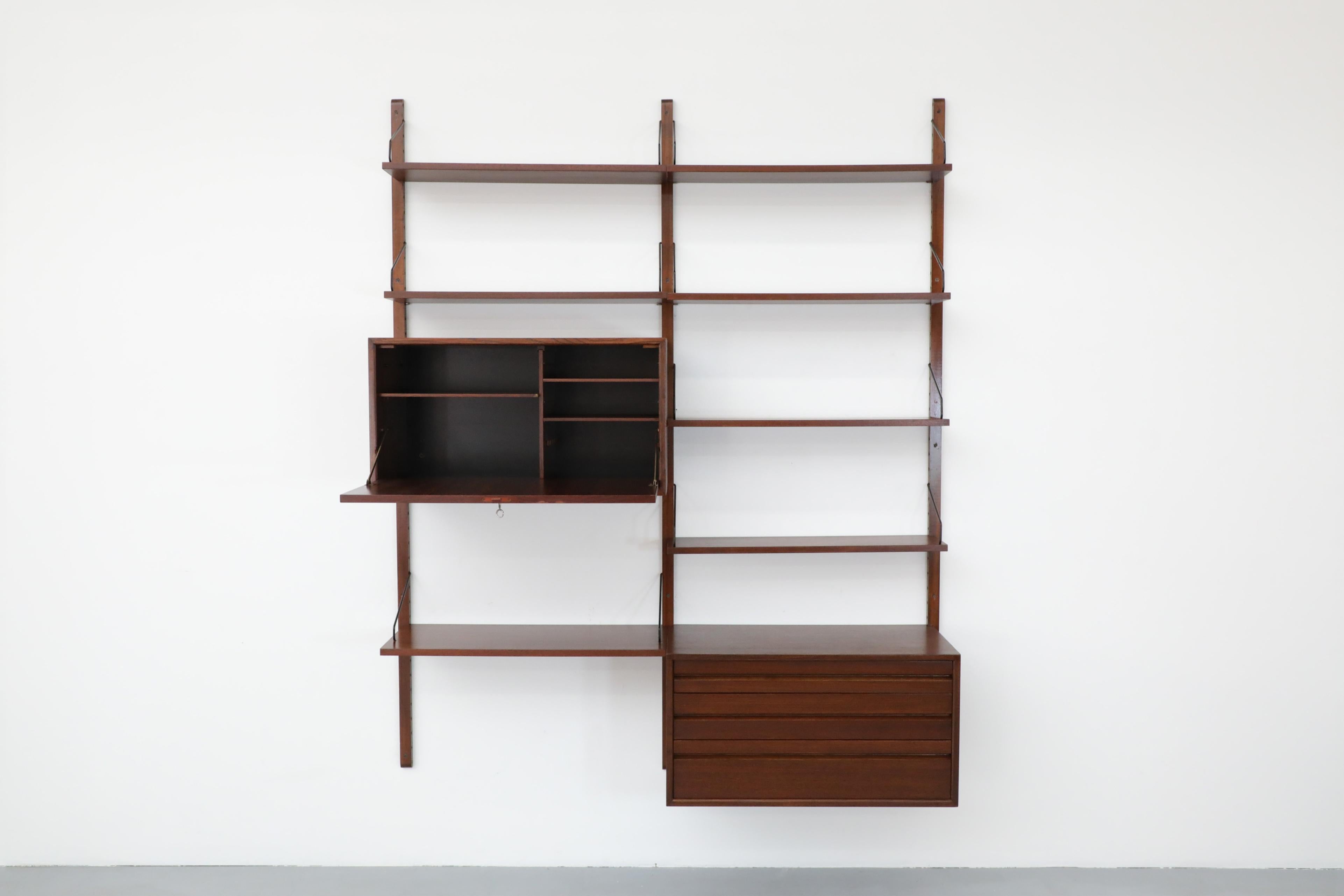 Mid-Century Modern Poul Cadovius 2 Section Wall Mount Royal System w/ Drawers and Drop Down Cabinet