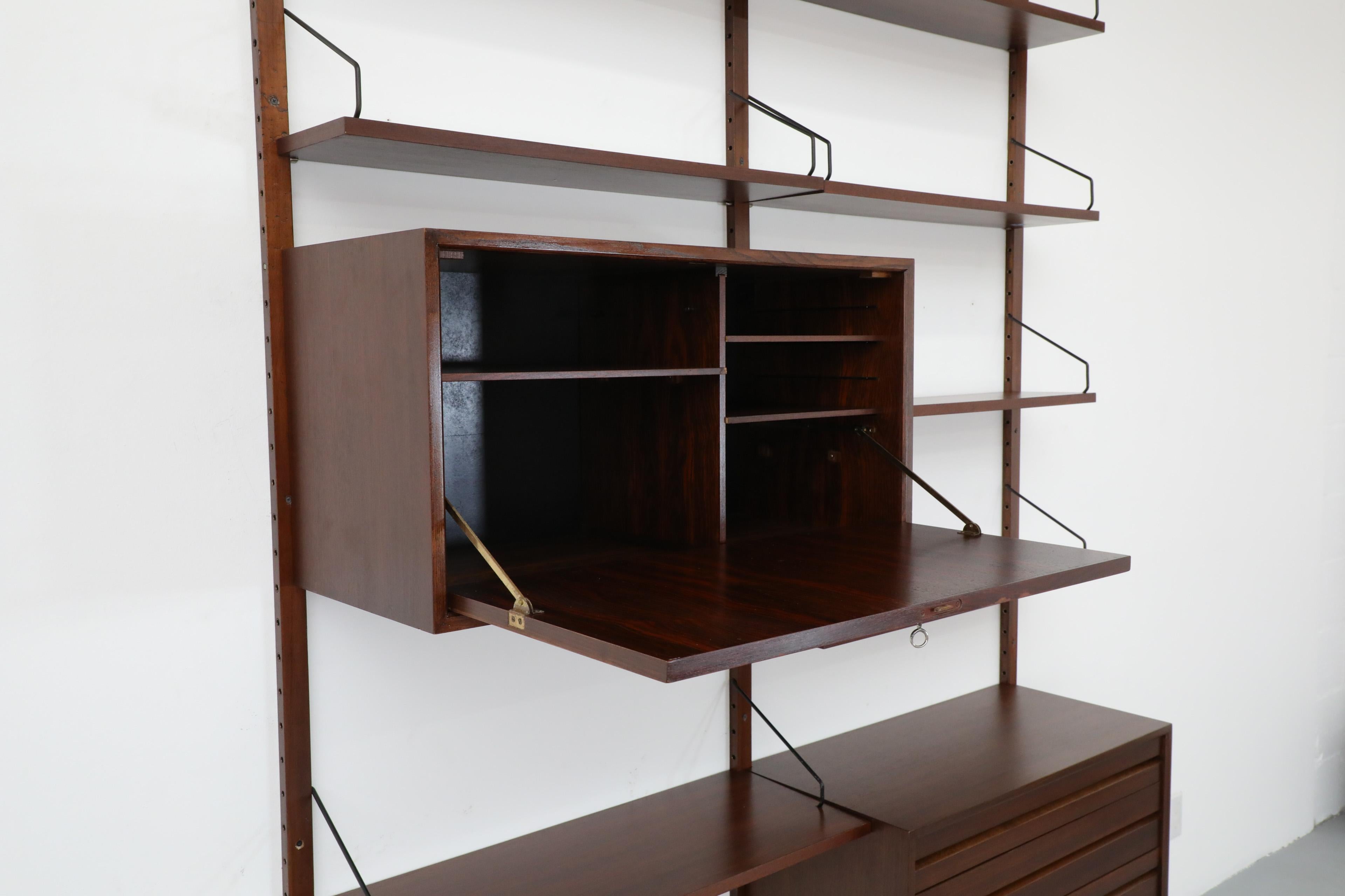 Poul Cadovius 2 Section Wall Mount Royal System w/ Drawers and Drop Down Cabinet In Good Condition In Los Angeles, CA