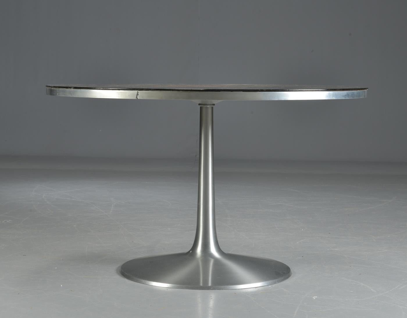 Poul Cadovius and Susanne Fjeldsøe, 'Mygge'. Round dining table, on the trumpet base of aluminum, tabletop with acrylic-coated decoration, signed. Decoration hand-painted by Susanne. Occurrence of wear.
