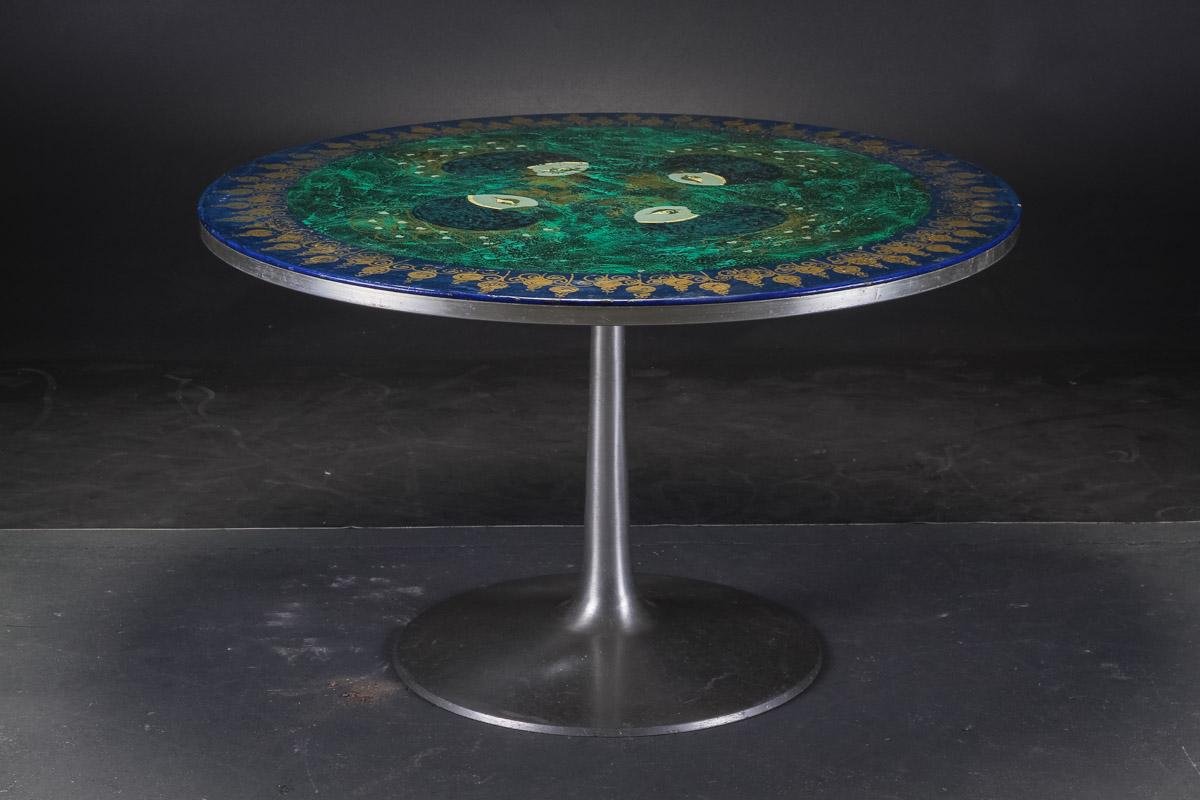 Poul Cadovius and Susanne Fjeldsøe, 'Mygge'. Round dining table, on the trumpet base of aluminum, tabletop with acrylic-coated decoration, signed. Decoration hand-painted by Susanne. Occurrence of wear.
